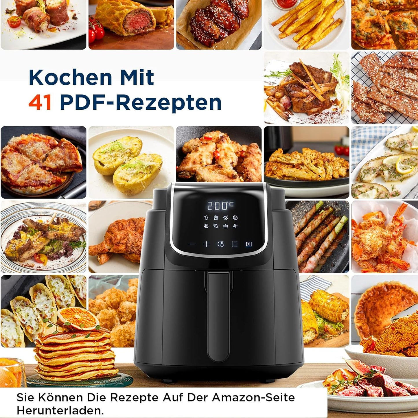 Midea MF-CN40C2 Heißluftfritteuse 4L, Ölfreie Airfryer 1500W, 8 Vorprogrammierte Kochmodi, 35-200℃, Backen, Braten, Grillen, Auftauen, Schüttelalarm, 60-Minuten Timer, 41 Rezepten, Spülmaschinenfest