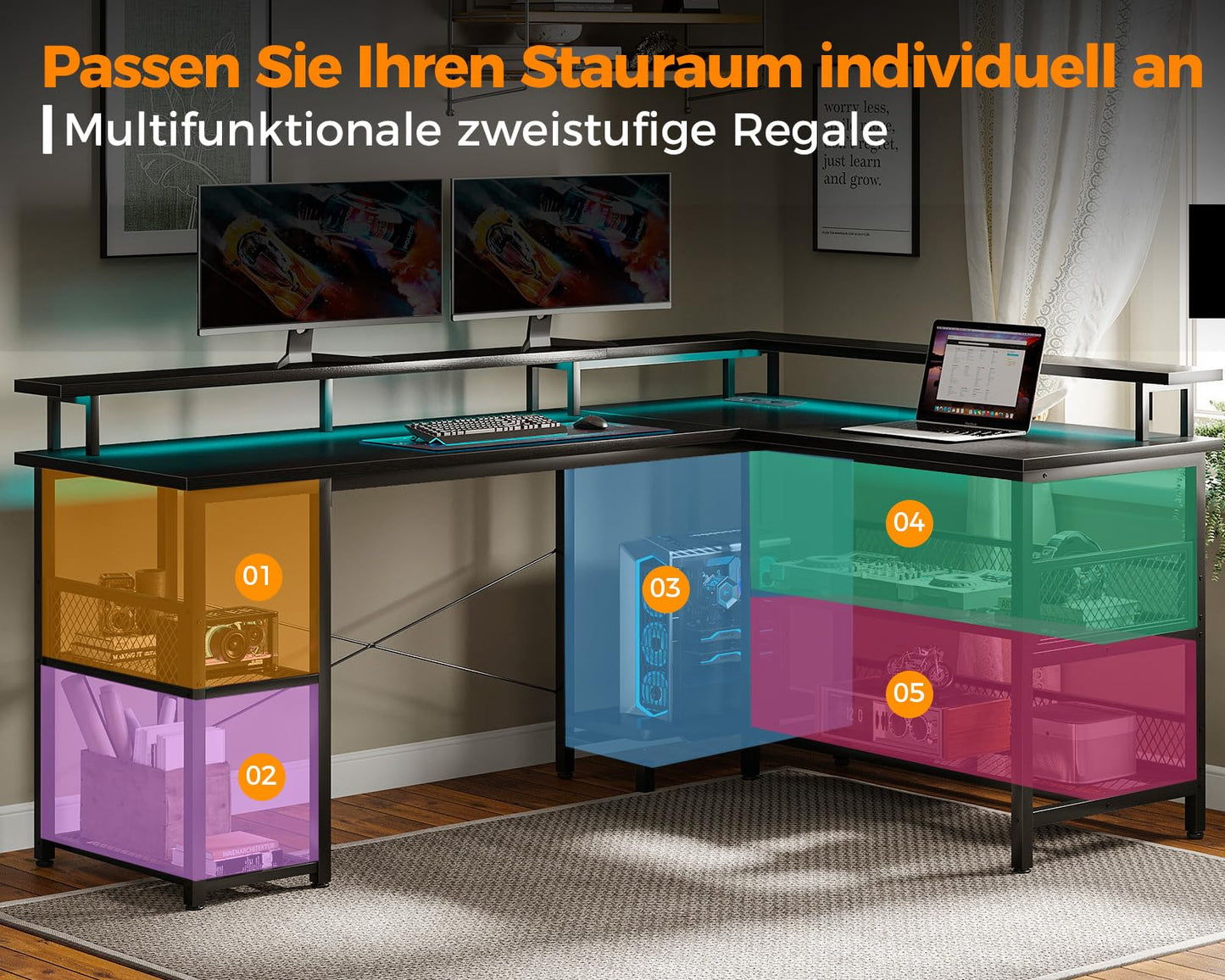 ODK Gaming Tisch mit LED, Reversibel Gaming Schreibtisch mit 2 Steckdosen & 2 USB-Ladeanschlüssen, Eckschreibtisch Groß mit Netzablage, Schwarz 150×102cm