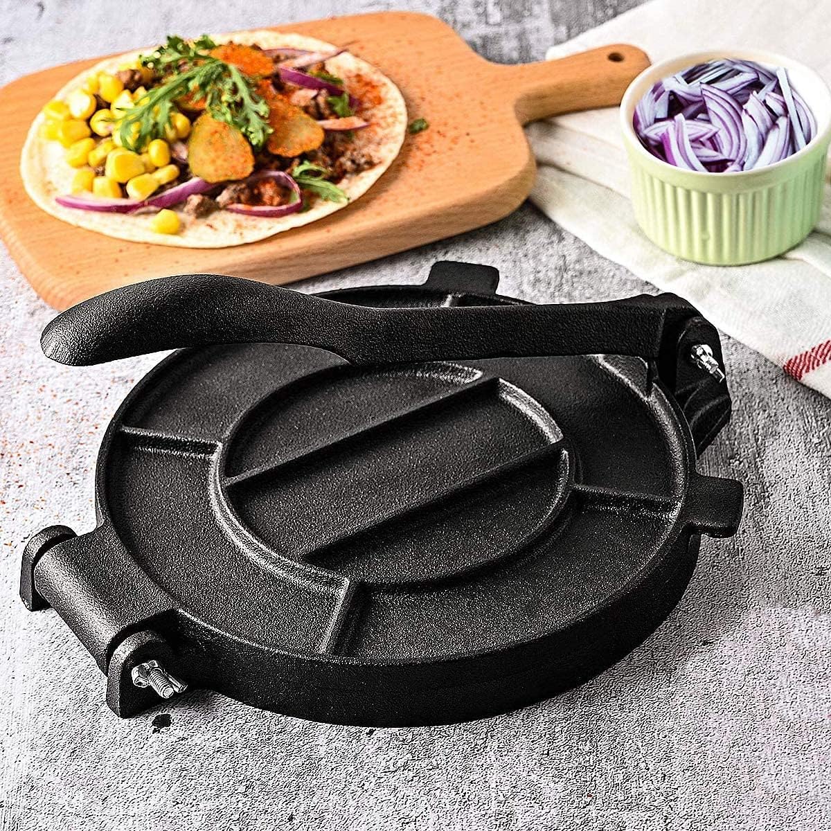 Tortilla Presse - Gusseisen Tortilla Press 25cm, Roti Maker, Pre-Seasoned Tortilla Maker, Heavy- Duty Taco Presse, Justierbare Tortilla Presse für hausgemachte Tortillas, Schwarz