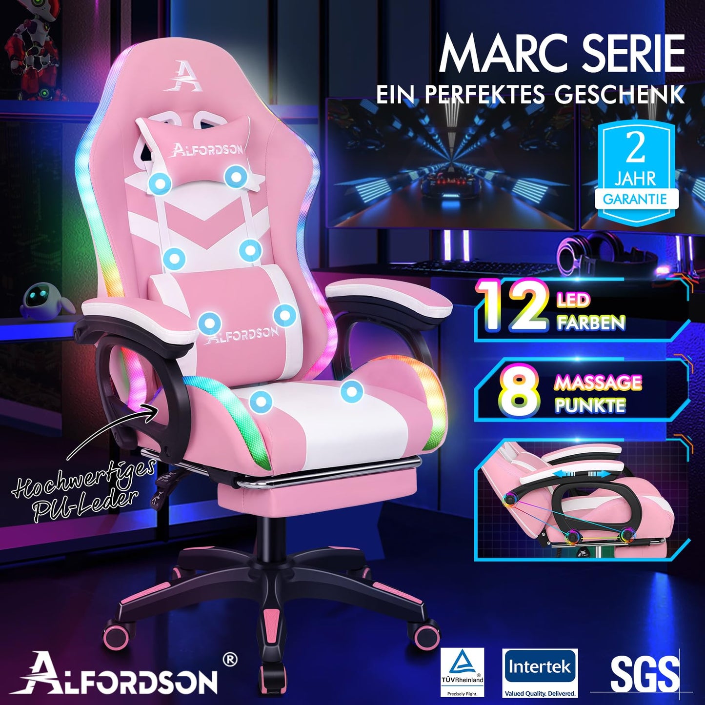 ALFORDSON Gaming Stuhl mit 8-Punkt Massage 12 Farben RGB LED-Licht, Bürostuhl Ergonomisch mit fußstützen, Kopfstütze Lendenkissen für Kinder Erwachsene, Schwarz