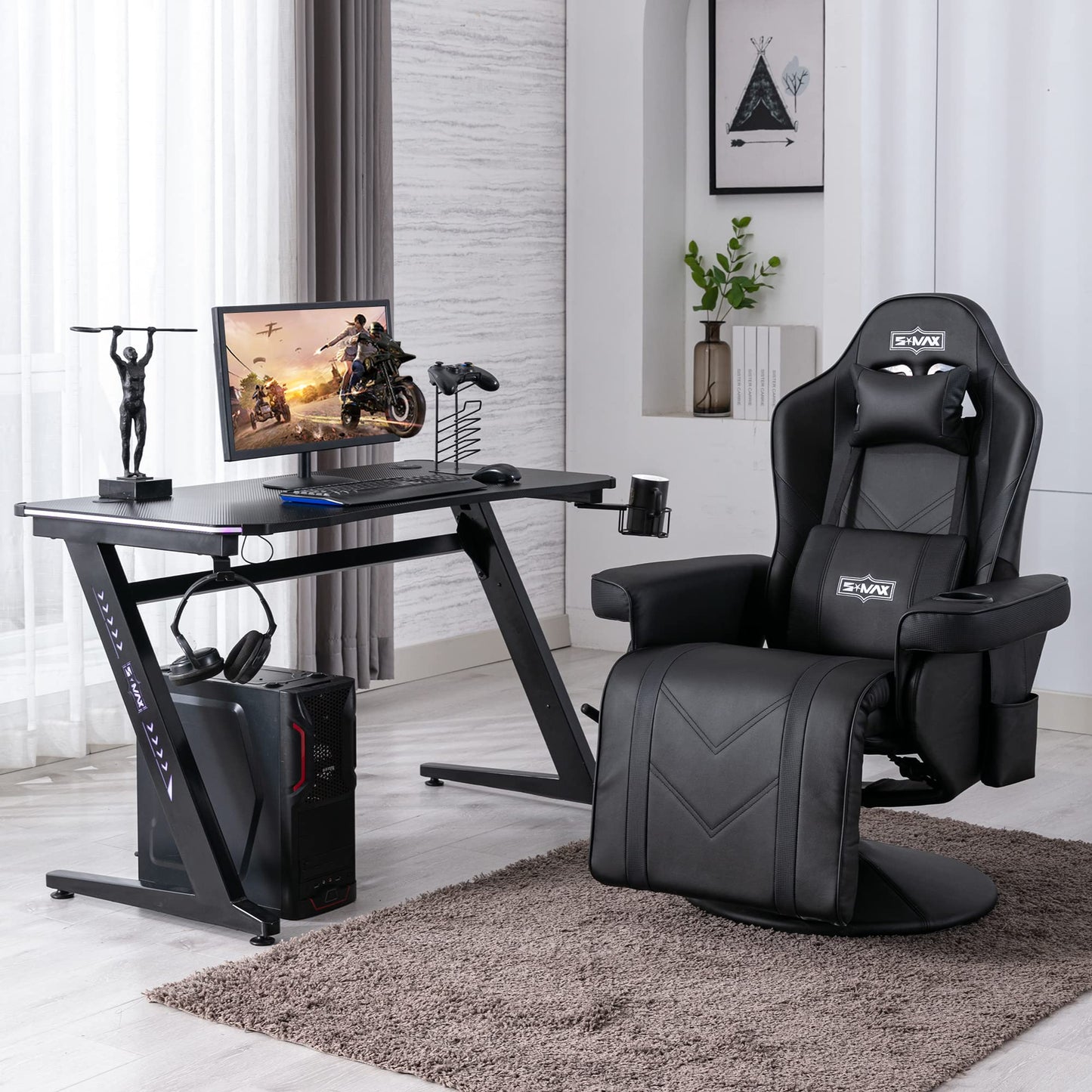 S*MAX Gaming Stuhl mit Fußstütze Gaming Sessel hoher Rückenlehne mit Verstellbarer Rückenlehne Becherhalter Seitentasche Gaming Stühle für Erwachsene Schwarz