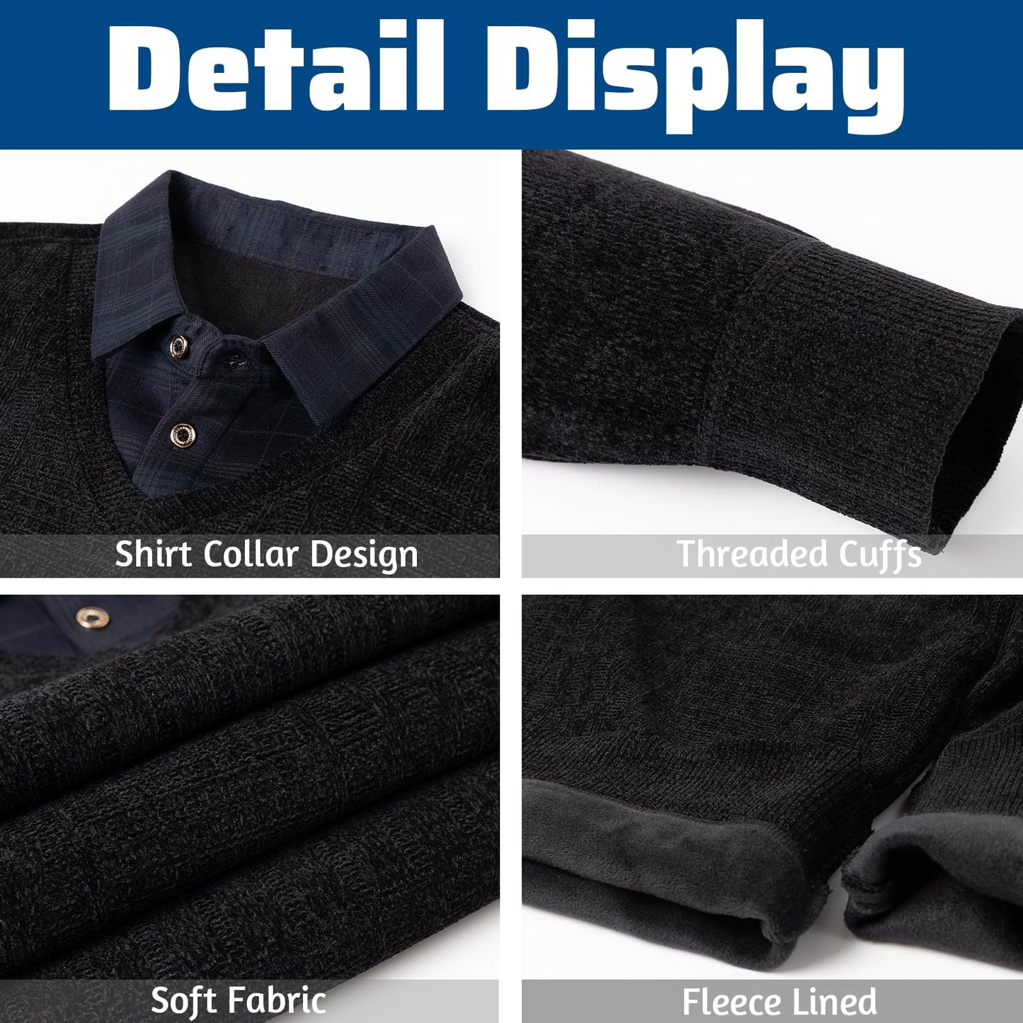 Men’s 2-in-1 V-Neck Sweater – Slim Fit Chenille Pullover with Mock Shirt Collar