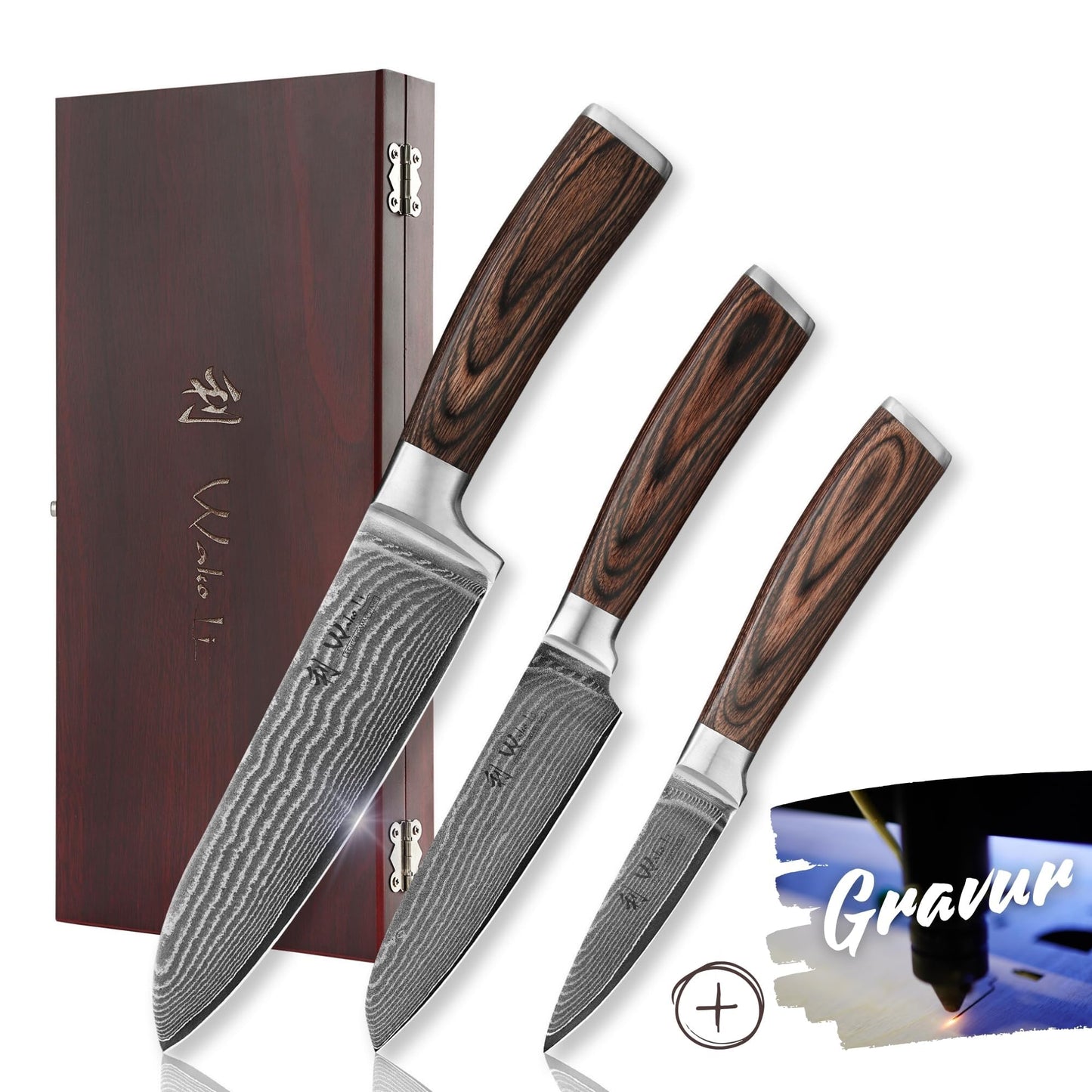 Wakoli EDIB 3er Damastmesser Set mit 8-17cm Klingen gefertigt aus 67 Lagen echtem Damaststahl mit Pakkaholzgriff in Holzbox I Premium Messerset Damast & Profi Küchenmesser