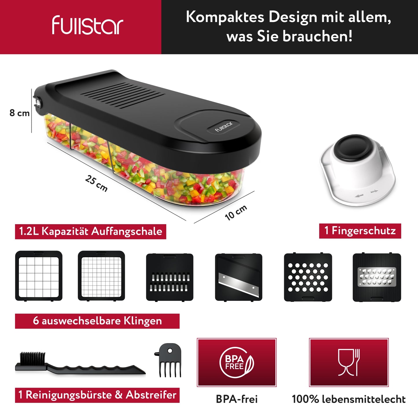 Gemüseschneider Mandoline Gemüsehobel - Gemüse Schneider Gurkenhobel Zwiebelschneider Kartoffelschneider Obstschneider - Reibe für Gemüse und Käse - Julienneschneider (6-in-1 Kompakt Weiß)