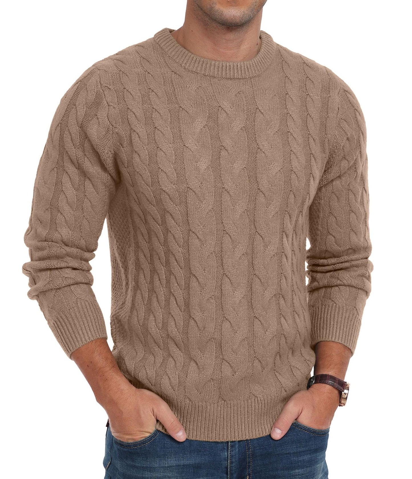 QIXING Men’s Cable Knit Sweater – Chunky Crewneck Pullover