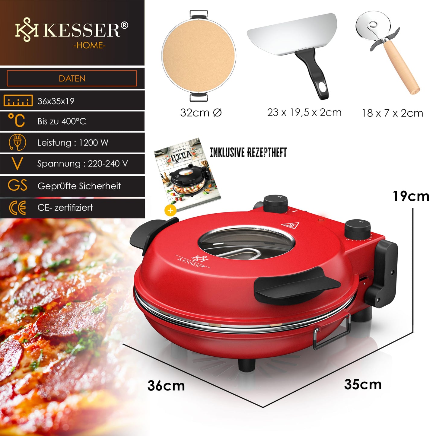 KESSER® Pizza-Ofen elektrisch bis 400 Grad | Elektrischer Pizzabäcker 1200W mit feuerfester Steinplatte & Timer Durchmesser 32cm | 5 Heizstufen & Sichtfenster | inkl. Pizzaschneider & Rezeptbuch