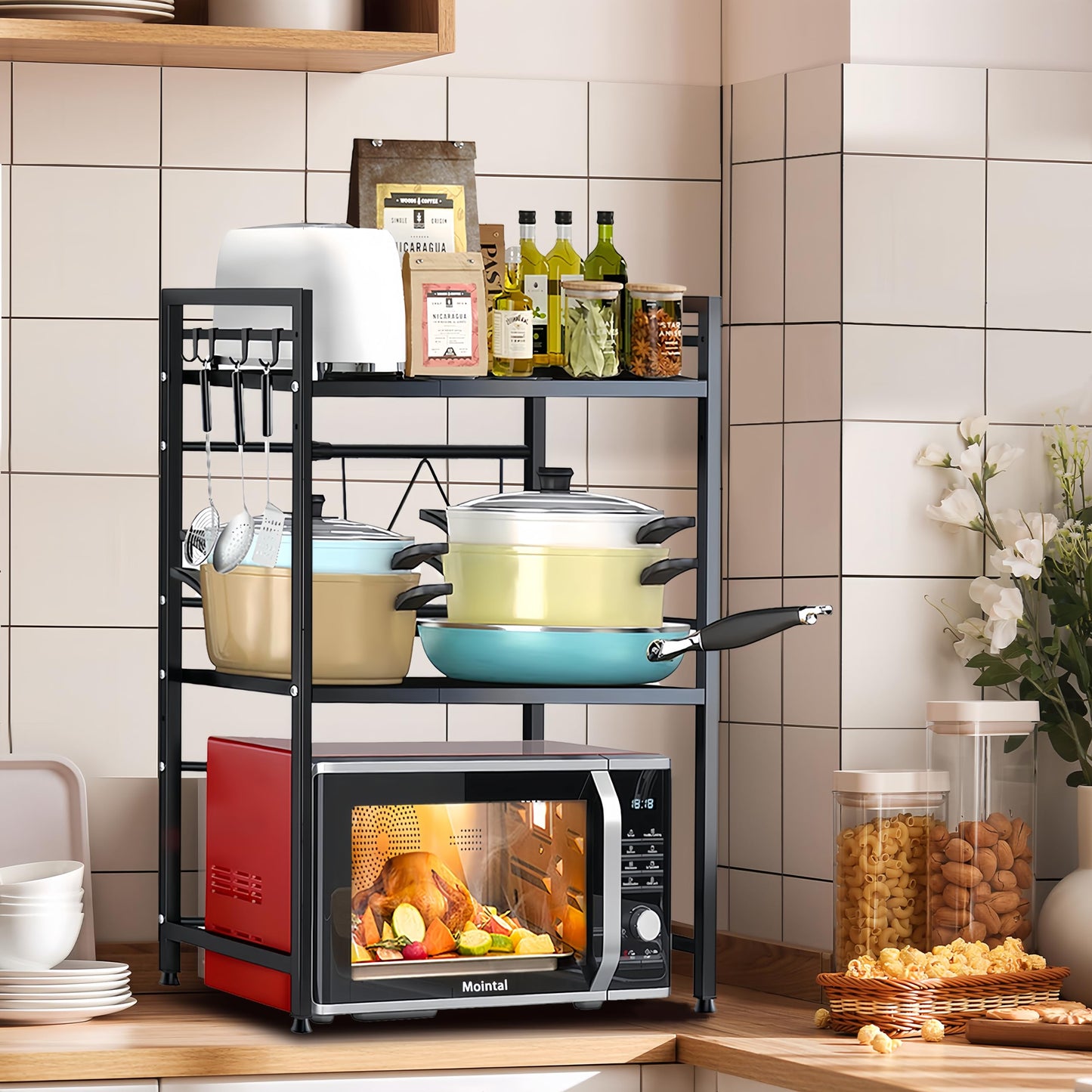 Mointal Verstellbares Mikrowellenregal, 2-Stufig Erweiterbares Küchen Mikrowelle Ständer Regal, Mikrowellenhalter aus Kohlenstoffstahl, Küchenaufbewahrung Organizer mit 8 Haken, Schwarz