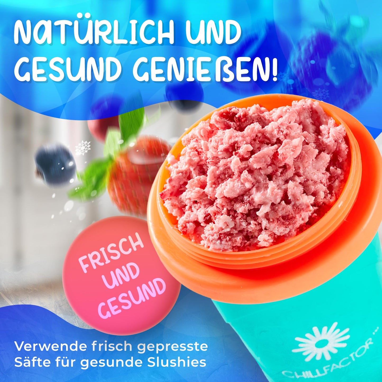 Magic Freez Slushy Maker – Tragbarer Slushy Becher aus Silikon mit 2-in-1 Strohhalm und Löffel – Slush Ice Maker für erfrischende Slushies – Slushi Cup zum Slush Eis selbermachen – 370ml