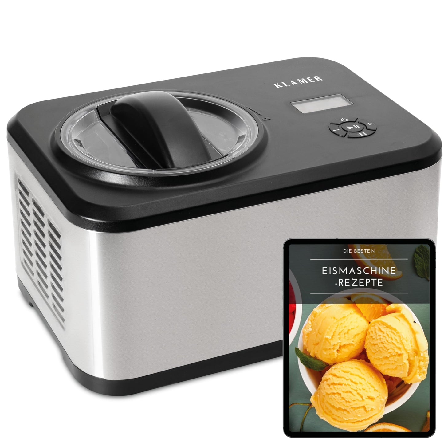 KLAMER 2-in-1 Ice Cream Maker & Yoghurt Maker 2 L, 180 W Stainless Steel Ice Cream Machine with Cooling and Heating Function, Homemade Ice Cream with Self-Cooling Compressor