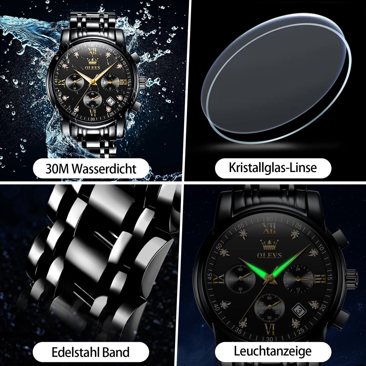 OLEVS Uhren Herren, Edelstahl Analoger Quarzuhr, Multifunktionale Diamanten Herrenuhren, Klassisches Luxuskleid Herrenuhr