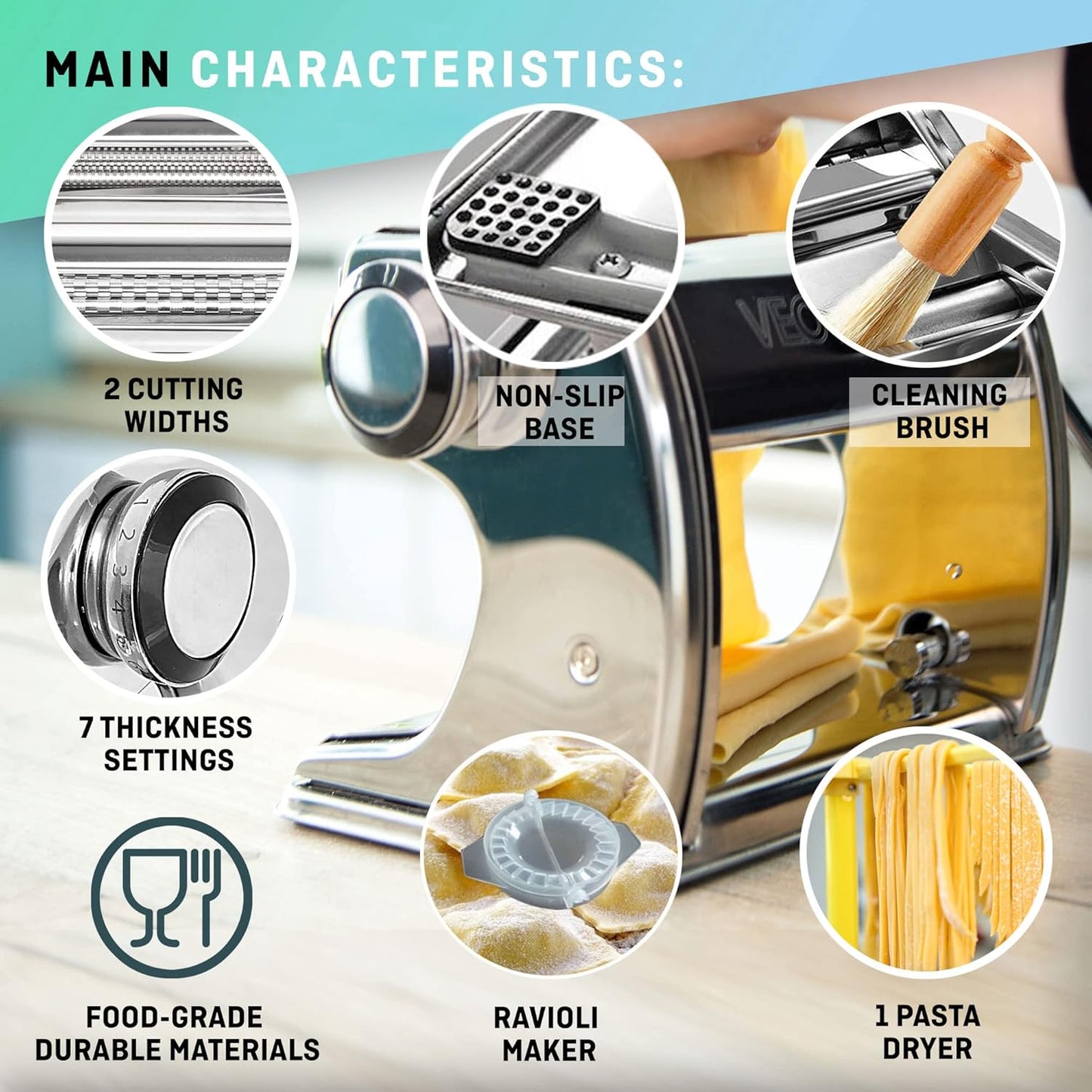 Manuelle Nudelmaschine mit Trockner - Multi-Pasta Edelstahl Rostfrei Italienische Flachteigmaschine 7 stufig einstellbar, scharfem Messer Klemme - Frische hausgemachte Nudeln, Spaghetti, Lasagne