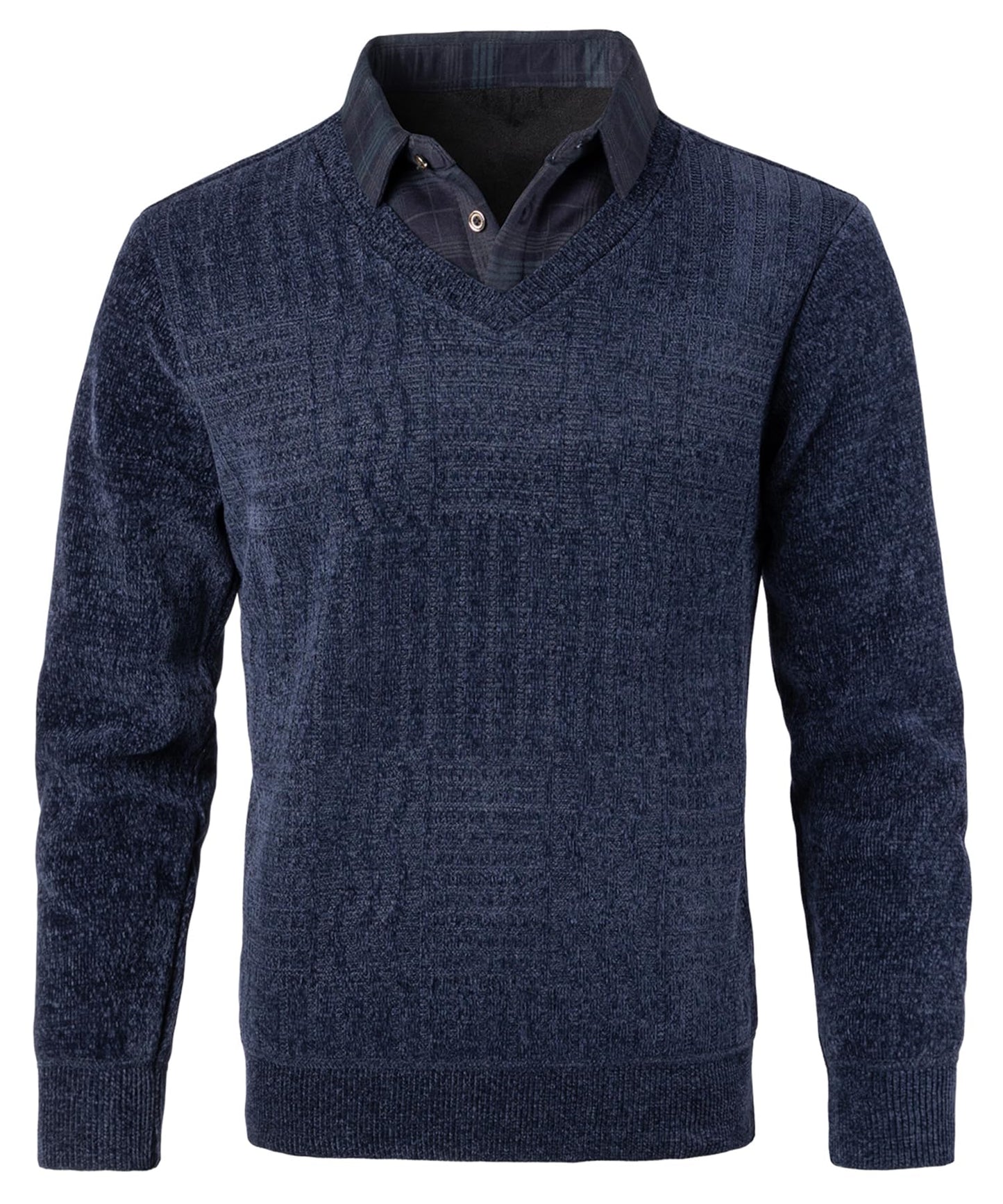 Men’s 2-in-1 V-Neck Sweater – Slim Fit Chenille Pullover with Mock Shirt Collar