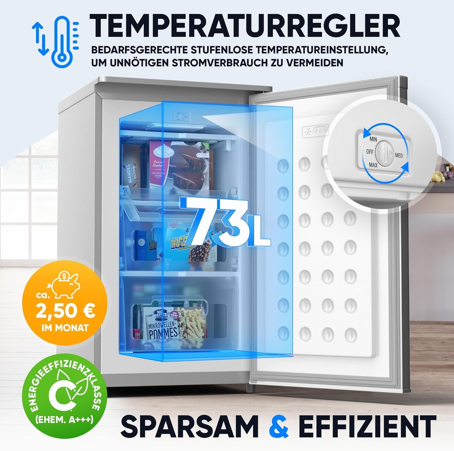 Stillstern freezer C (73L) 4-star freezer compartment -18°C, low energy consumption, 3 compartments, continuously adjustable temperature, reversible door hinge, small freezer, deep freezer