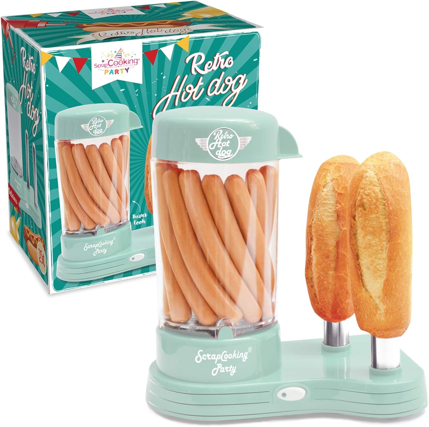 ScrapCooking 601 Hot Dog Maker Maschine-Kapazität 12 Würstchen & 2 Brötchen-Vintage-Retro-Stil für Partys Barbecues Feste Kirmes Geburstag-Grün-0601, Lebensmittelechter Kunststoff, weiß