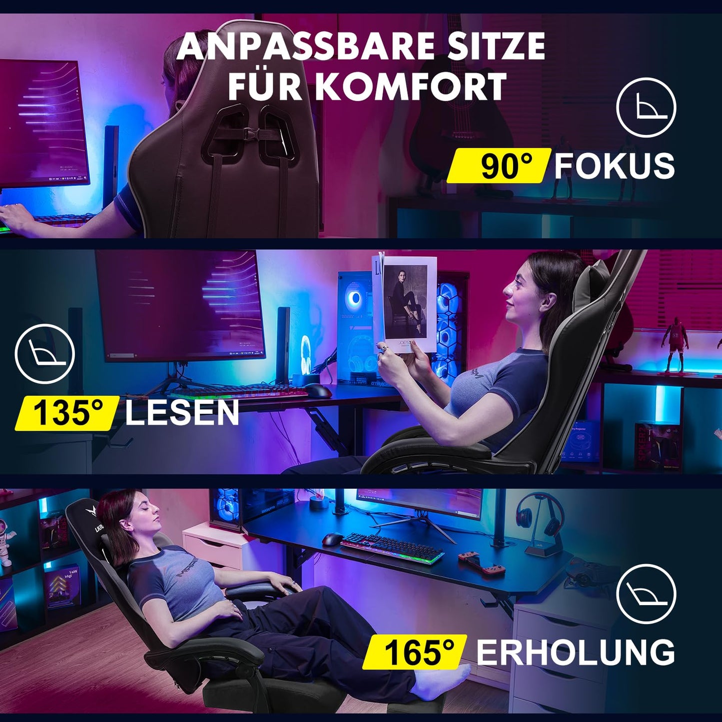 LUCKRACER Gaming Stuhl mit fußstütze Bürostuhl Ergonomisch mit verstellbare Lendenkissen, Kopfkissen Gaming Chair,Höhenverstellbarer Gamer Stuhl, 150 kg Belastbarkeit Grau