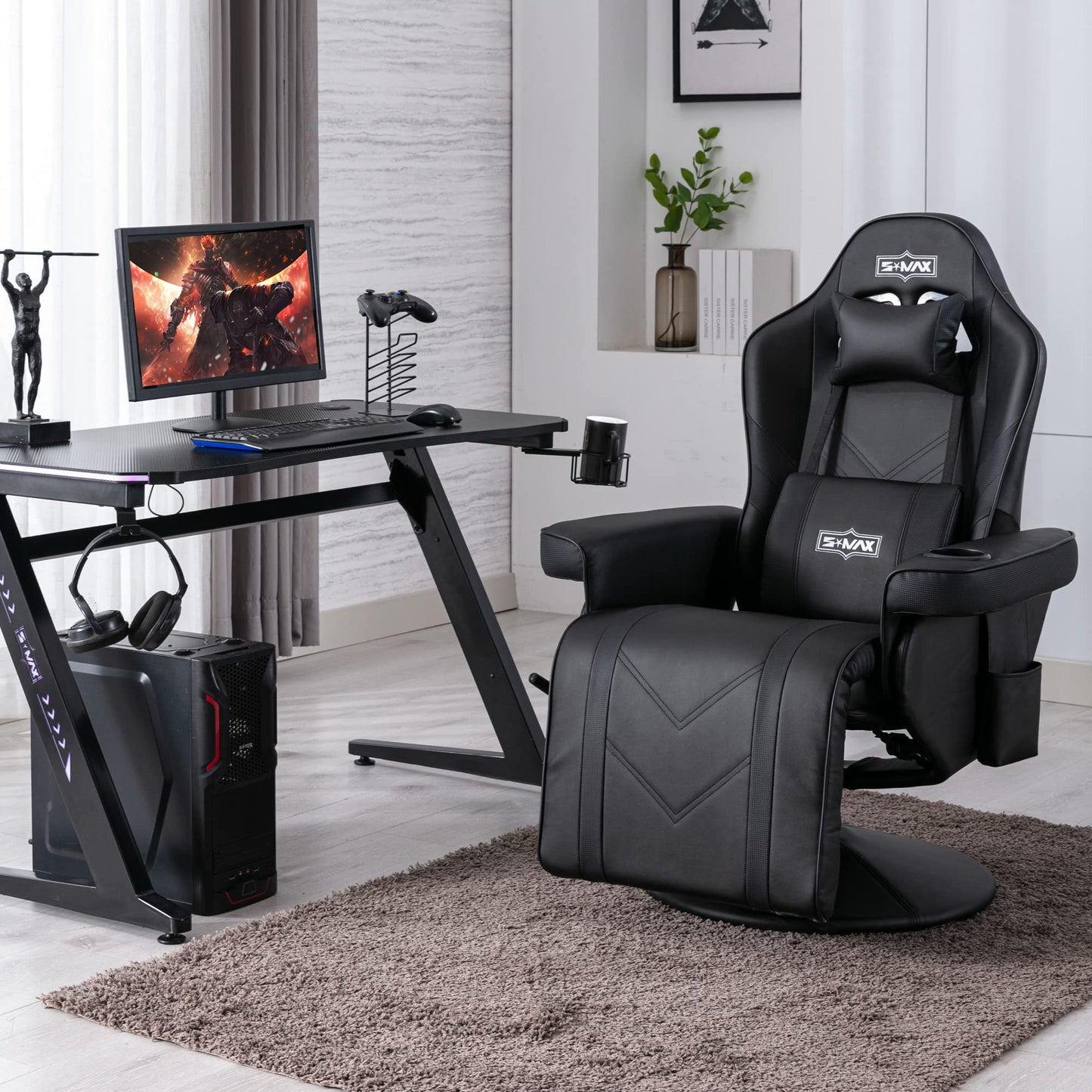 S*MAX Gaming Stuhl mit Fußstütze Gaming Sessel hoher Rückenlehne mit Verstellbarer Rückenlehne Becherhalter Seitentasche Gaming Stühle für Erwachsene Schwarz