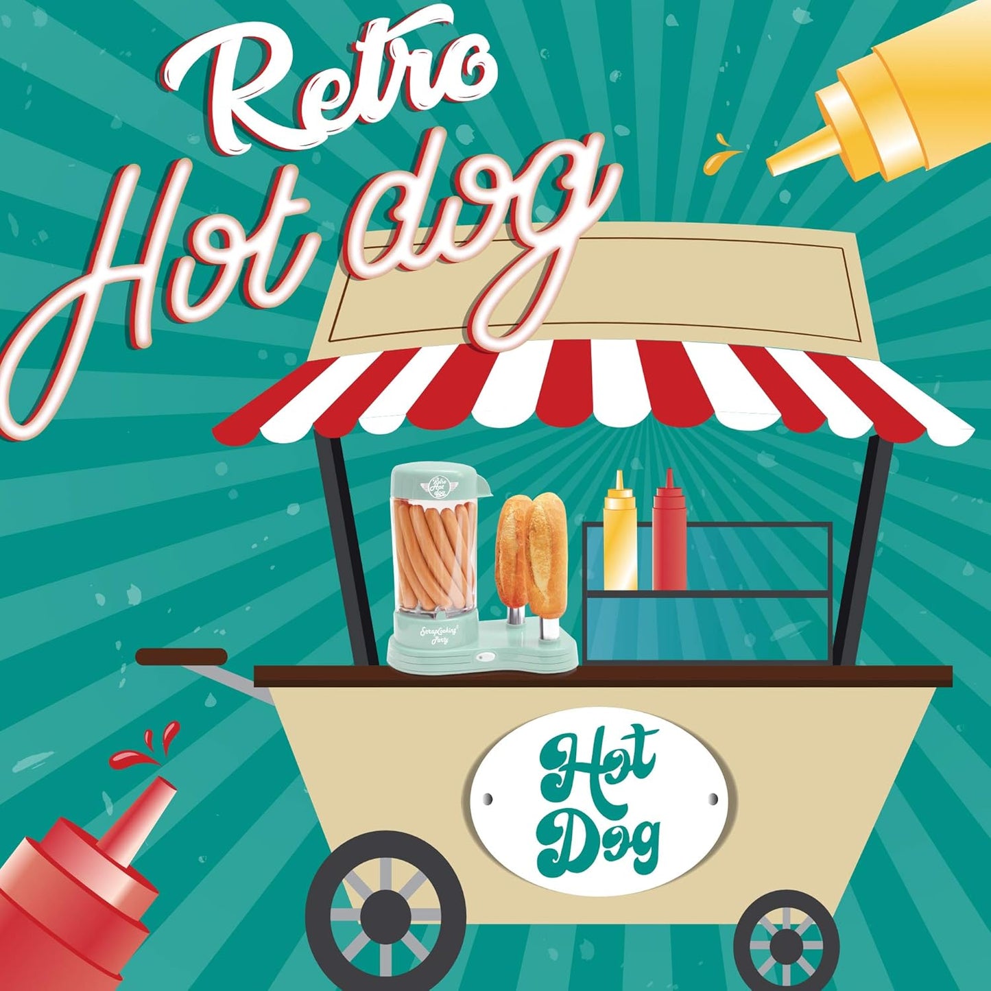 ScrapCooking 601 Hot Dog Maker Maschine-Kapazität 12 Würstchen & 2 Brötchen-Vintage-Retro-Stil für Partys Barbecues Feste Kirmes Geburstag-Grün-0601, Lebensmittelechter Kunststoff, weiß