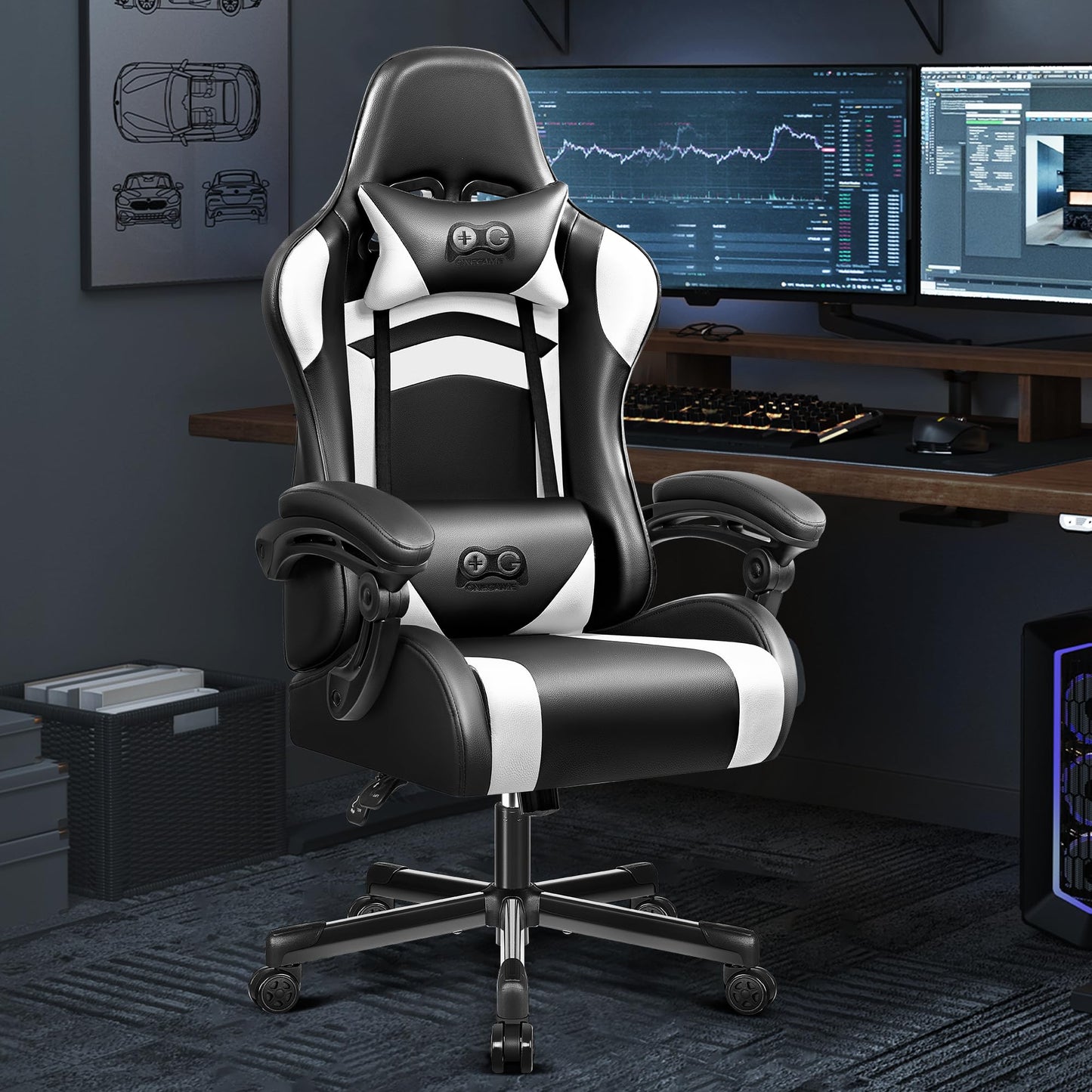 OneGame Ergonomischer Gaming Stuhl, hoher Rücken Computer Gamer Stuhl, höhenverstellbarer Game Stuhl, Racing Style Gaming Bürostuhl mit Kopfstütze und Lendenwirbelstütze, Schwarzweiß