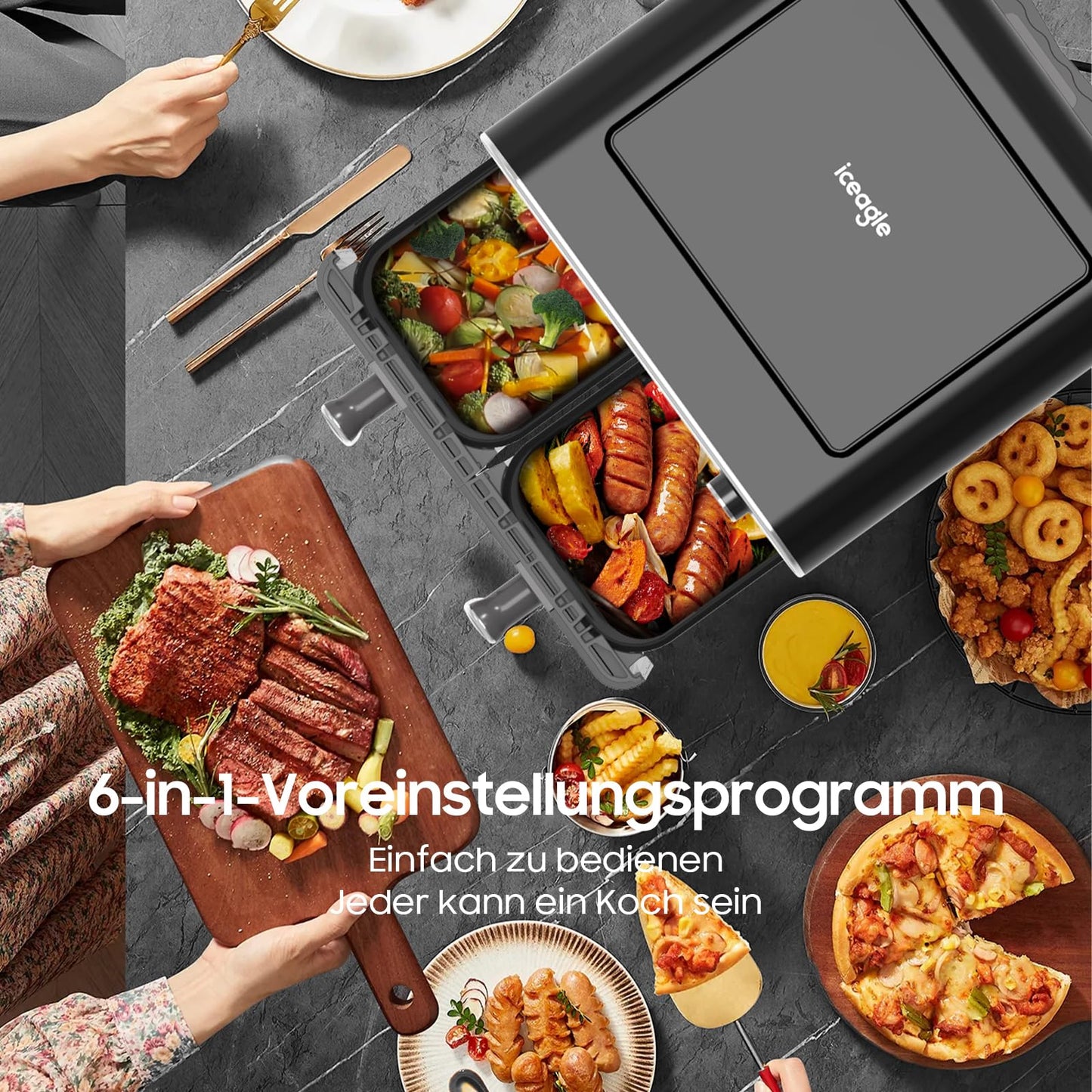 iceagle Heißluftfritteuse 6,5 L Airfryer XL - Fritteuse Ohne Fett mit Metallinnenraum | 1700W Heissluftfriteuse mit 8 Kochprogramme, Digitalem Display, mit deutschem Rezeptbuch