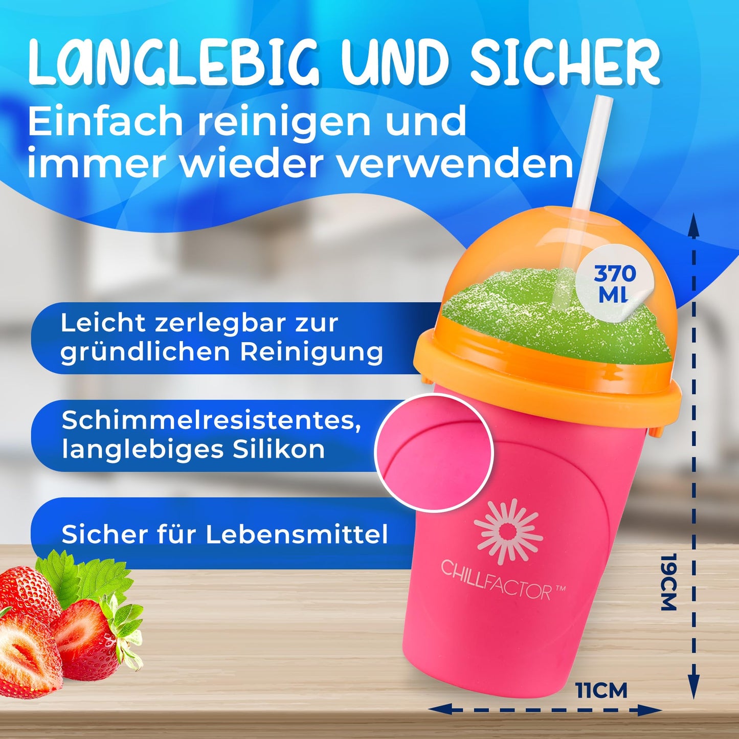 Magic Freez Slushy Maker – Tragbarer Slushy Becher aus Silikon mit 2-in-1 Strohhalm und Löffel – Slush Ice Maker für erfrischende Slushies – Slushi Cup zum Slush Eis selbermachen – 370ml