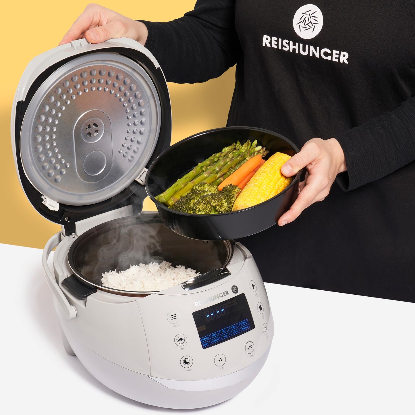 REISHUNGER Digitaler Reiskocher & Dampfgarer Grau | 1,5 L bis 8 Personen | Warmhaltefunktion, Timer & Premium Innentopf | Multikocher, 12 Programme, 7-Phasen-Technologie
