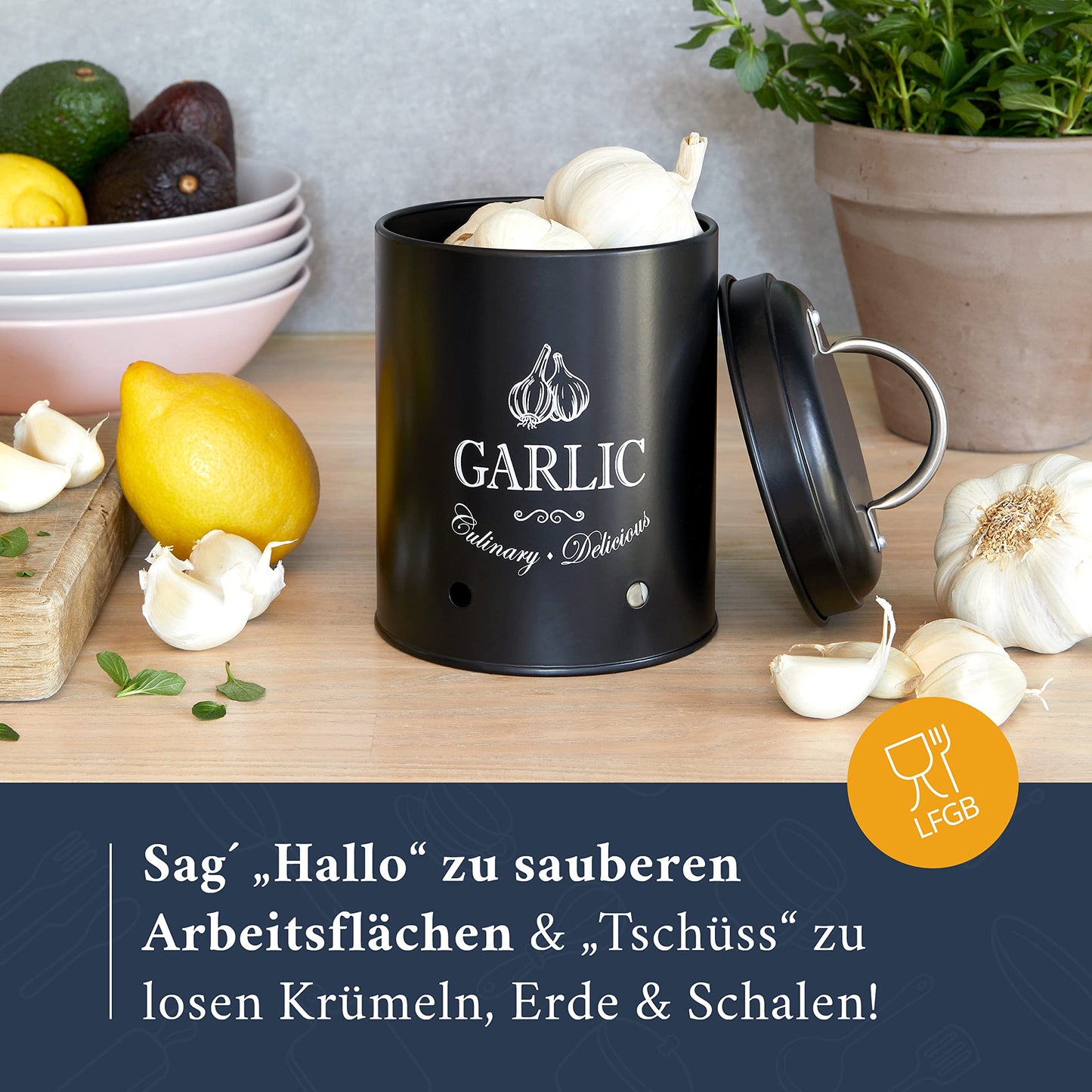 HIKITCHEN® Vorratsbehälter-Set für länger frisches Gemüse (schwarz) - Stilvolle Kartoffel-, Knoblauch- und Zwiebel-box/topf - Gemüsebehälter
