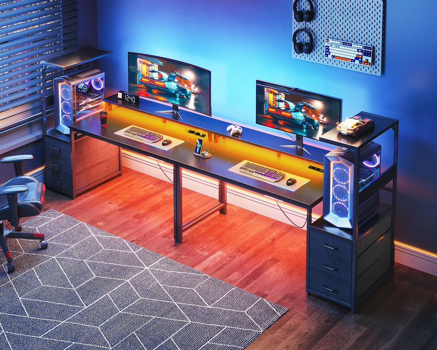 Coleshome Gaming Table with LED Lighting & Socket, Gaming Desk with Drawers, Computer Desk with Shelves & Monitor Stand, Carbon Fibre Black, 151 x 50 cm
