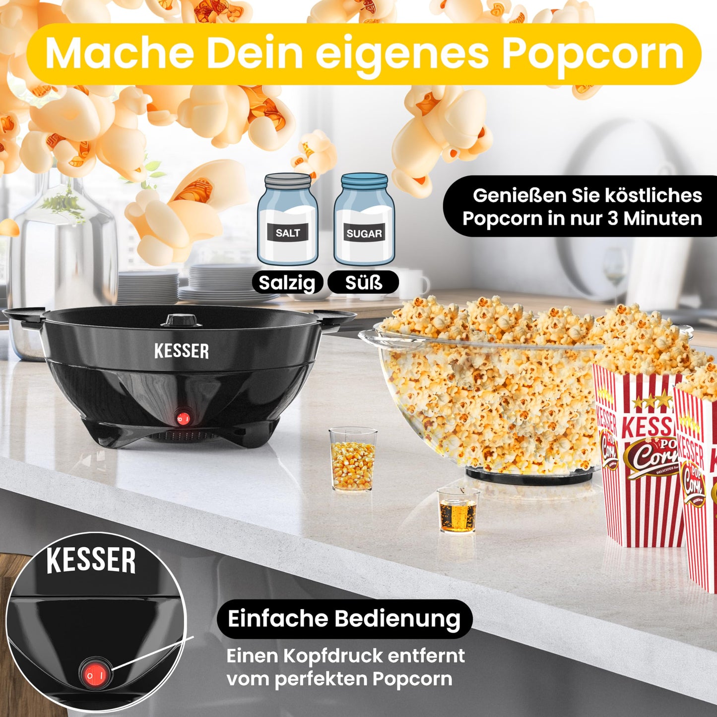 KESSER® Popcornmaschine Groß 800W | Popcorn-Maker 5,5l Inhalt mit Antihaftbeschichtung Deckel & Servierschale | für Öl Butter Zucker Stille & Schnelle inkl. abnehmbarer Heizfläche