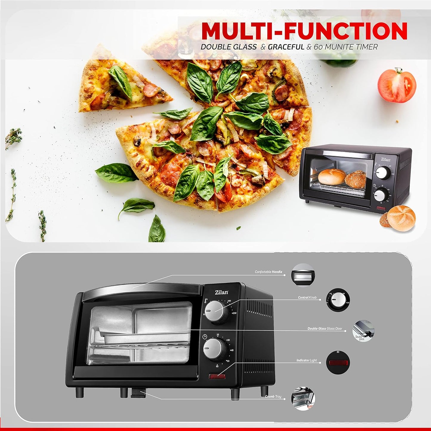Zilan Elektro-Backofen, 9 l, Doppel-Sicherheitsglas, Timer, 2-teilig, Quarzwiderstand, Krümelplatte, 1 quadratische Platte, verchromtes Grill, 800 W