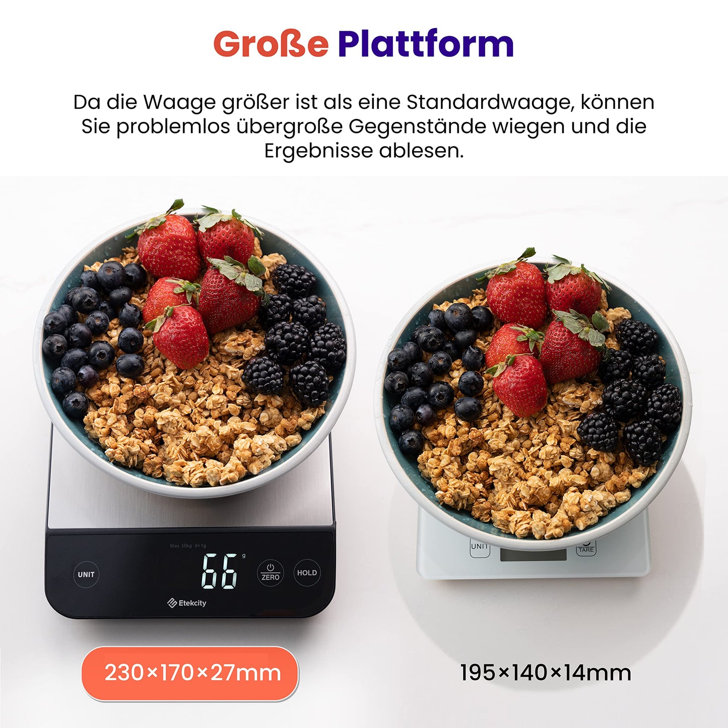 ETEKCITY Küchenwaage, digital 5KG mit großem LCD-Display,Digitalwaage, Briefwaage mit Großer Edelstahl Wiegefläche, Flüssigkeitsmessung, hohe Präzision auf bis zu 1g, Tara-Funktion, Silber