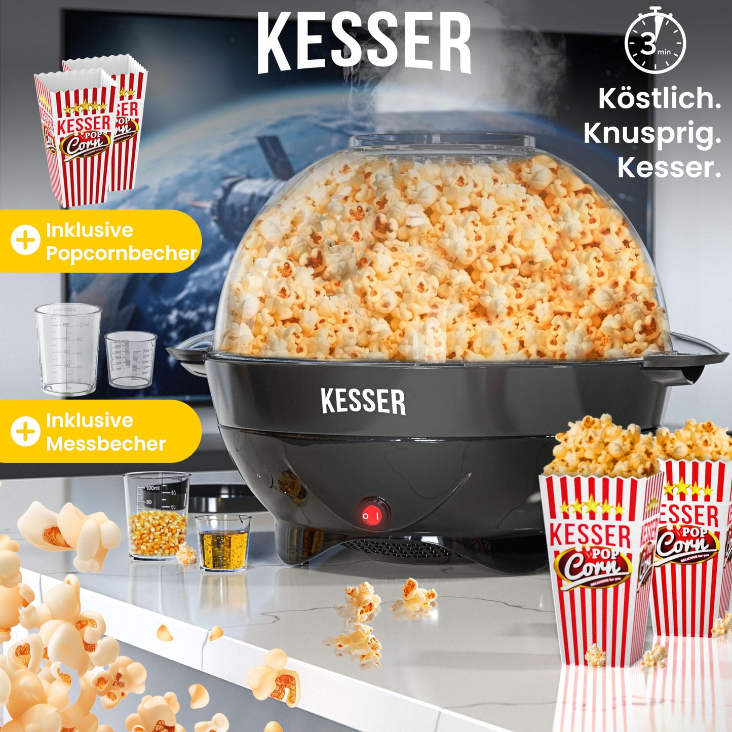 KESSER® Popcornmaschine Groß 800W | Popcorn-Maker 5,5l Inhalt mit Antihaftbeschichtung Deckel & Servierschale | für Öl Butter Zucker Stille & Schnelle inkl. abnehmbarer Heizfläche