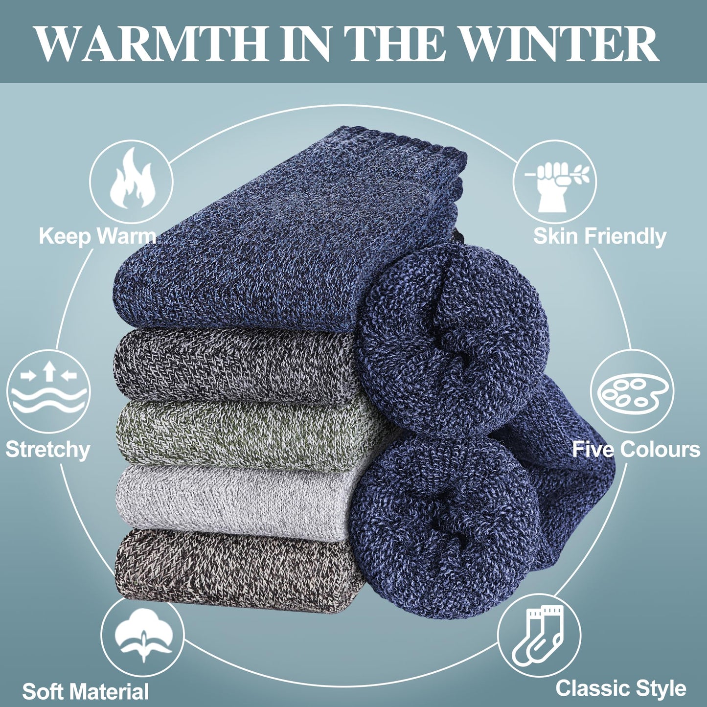 Reamphy 5 Pairs Thermal Wool Socks for Men
