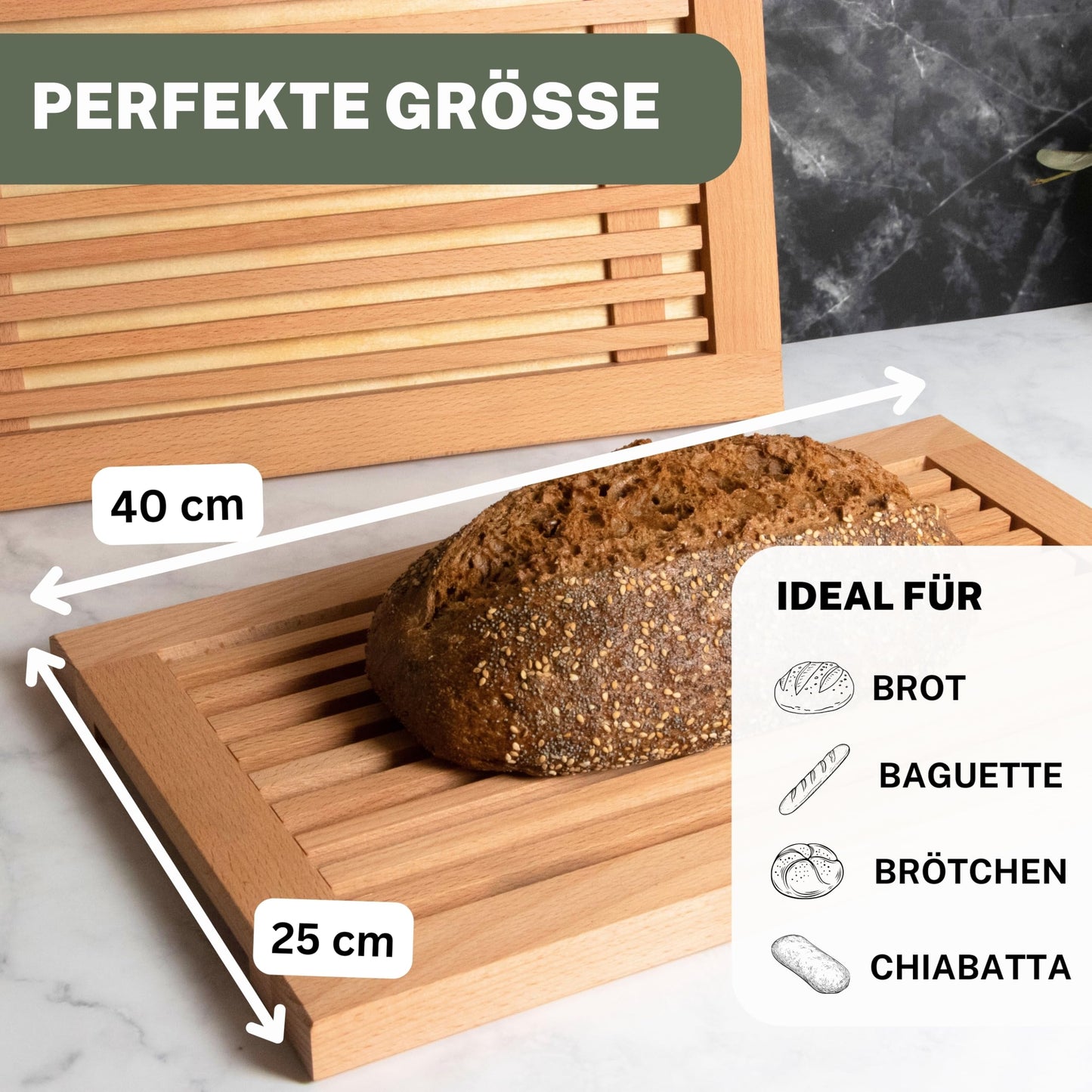 ASTREIN | Brotschneidebrett mit Krümelrost aus massivem BUCHENHOLZ | Holzschneidebrett | Schneidebrett für Brot mit Auffangschale | 40 x 25 cm | leicht zu reinigen | Made in Europe (40 x 25 cm)