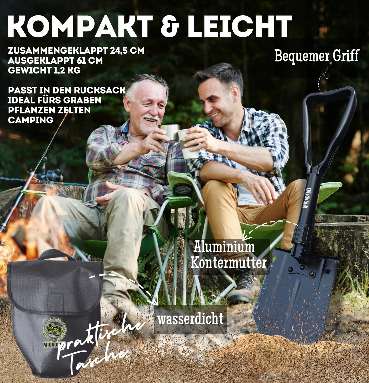 MiCadeau Klappspaten, Ostergeschenk, Geburtstagsgeschenk für Männer, Garten Spaten, Schaufel aus robustem Karbonstahl m. Gürteltasche, ideal fürs Abenteuer, Zelten, Outdoor, Autozubehör (Schwarz)