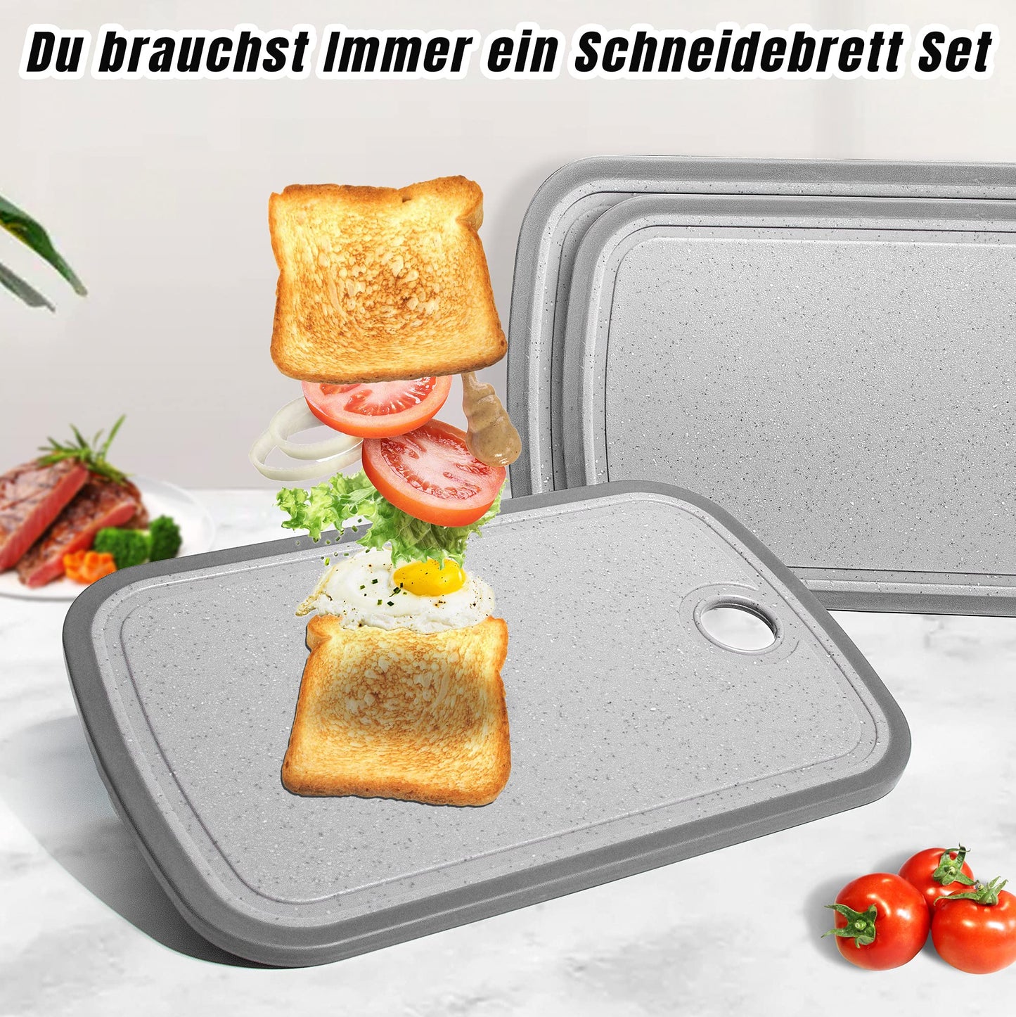 DIFULI Schneidebrett Set 3-teilig Granitoptik, 100% Rutschfeste Aufkleber und Saftkanal, BPA-Free, mit Griff Schneidebretter Kunststoff Antibakteriell, Küchenzubehör, Küchen Gadgets, Küchenhelfer