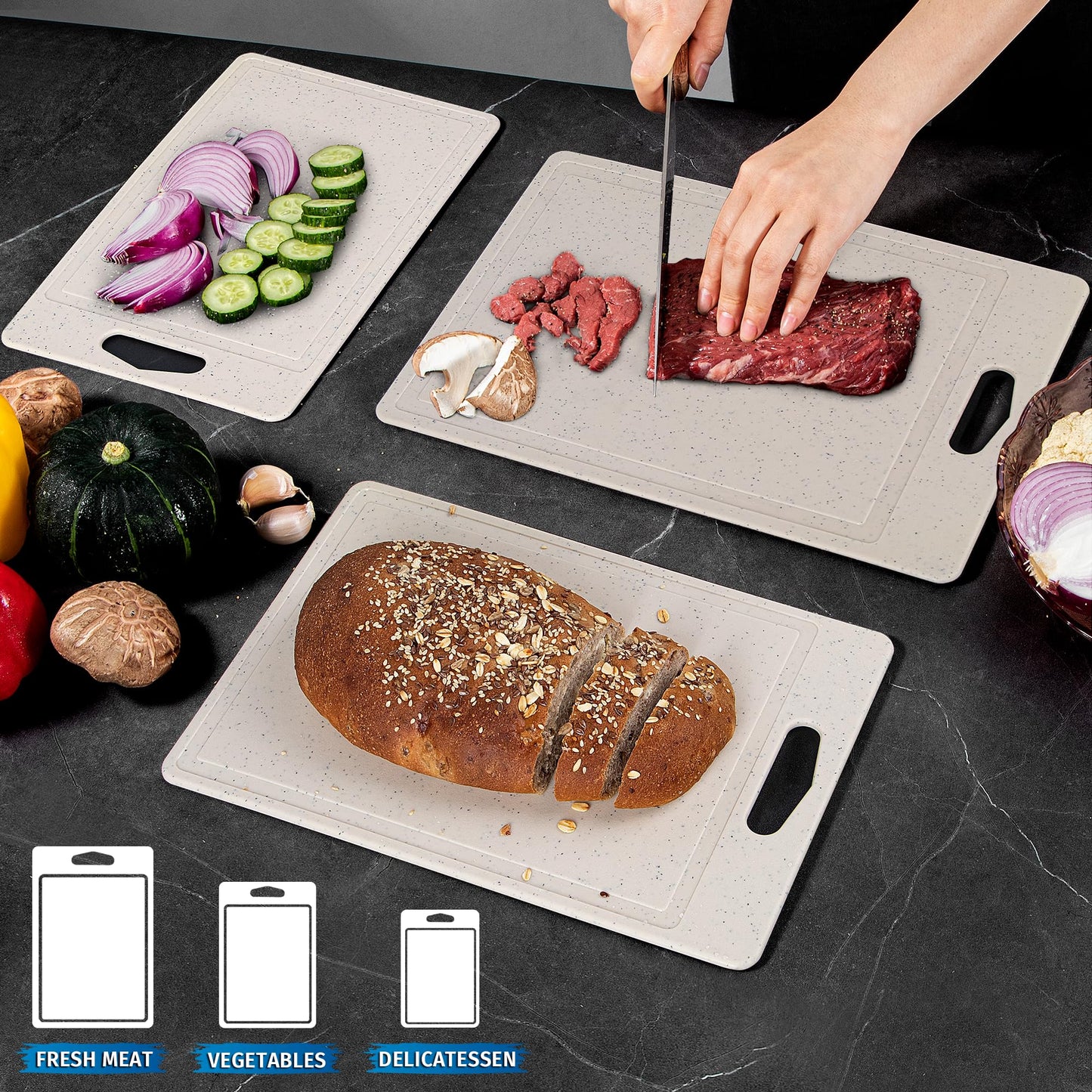 DIFULI Schneidebrett Set 3-teilig Granitoptik, 100% Rutschfeste Aufkleber und Saftkanal, BPA-Free, mit Griff Schneidebretter Kunststoff Antibakteriell, Küchenzubehör, Küchen Gadgets, Küchenhelfer