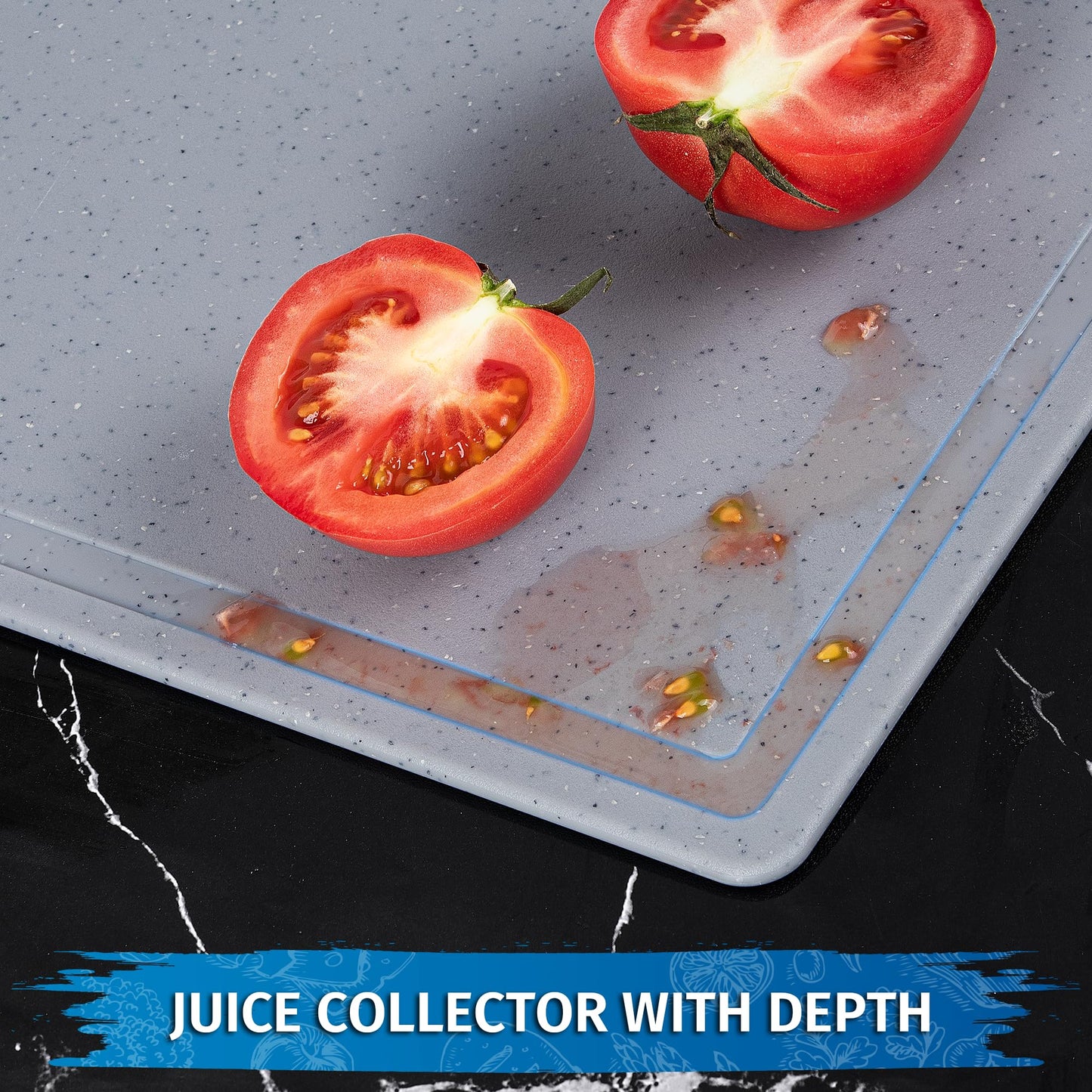 DIFULI Schneidebrett Set 3-teilig Granitoptik, 100% Rutschfeste Aufkleber und Saftkanal, BPA-Free, mit Griff Schneidebretter Kunststoff Antibakteriell, Küchenzubehör, Küchen Gadgets, Küchenhelfer
