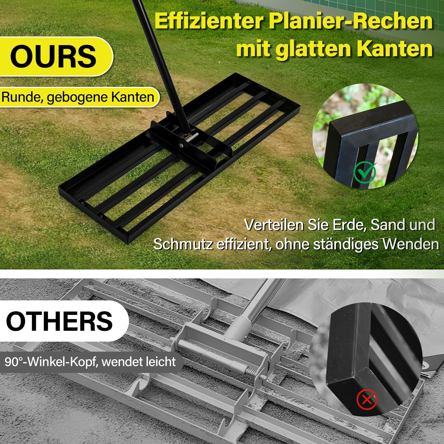Garten Rasen-Nivellierungsrechen XL,Edelstahl-Ebnungsplatte, Verstärkte Schweißnähte, 68-198 cm Verstellbar, Anti-Kipp-Kante, für Boden, Erde, Garten, Rasenpflege, Landschaftsbau (75 X 25 cm)