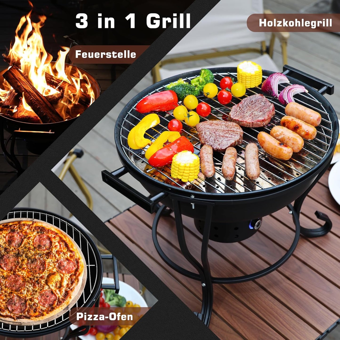 TOKTOO Portable charcoal grill with adjustable fan, Ø 44cm BBQ grill with lid, grill grate and thermometer, charcoal grill for barbecue camping, terrace, garden, charcoal grill