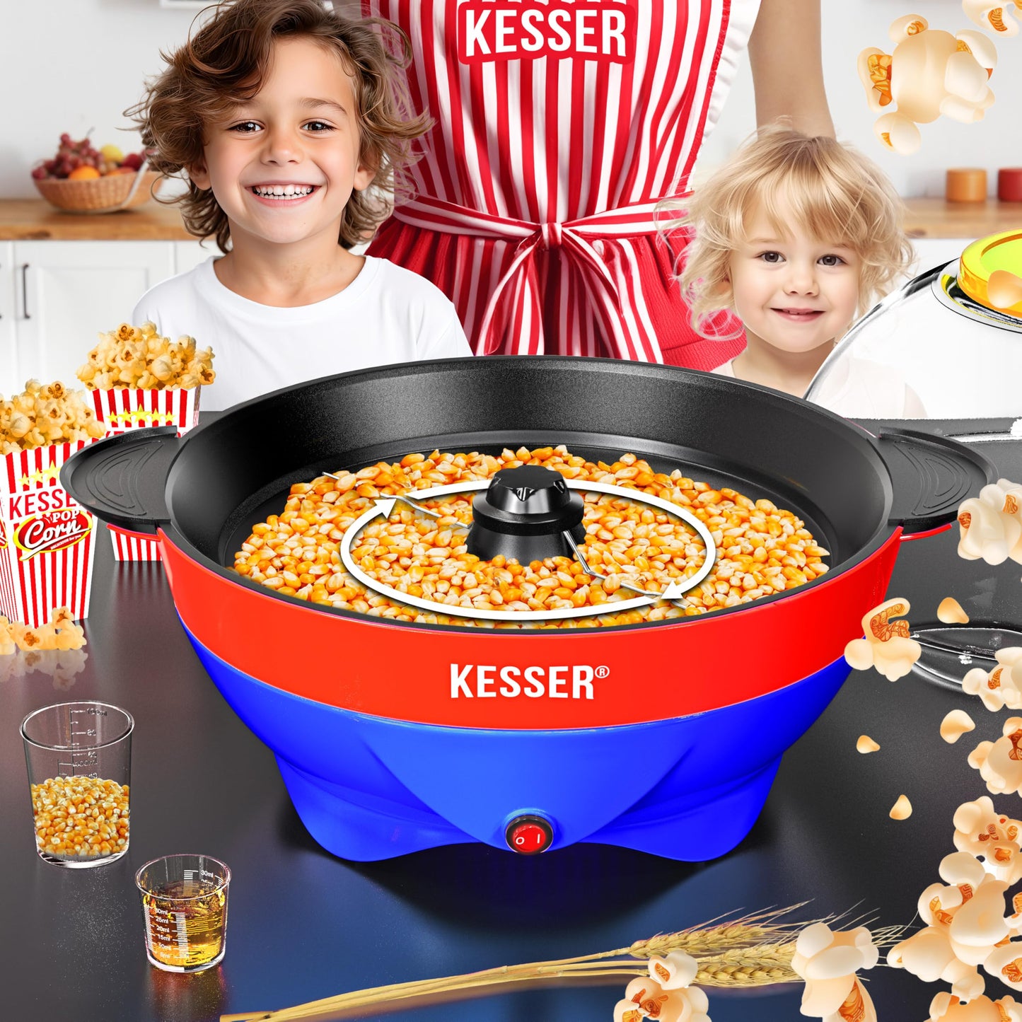 KESSER® Popcornmaschine Groß 800W | Popcorn-Maker 5,5l Inhalt mit Antihaftbeschichtung Deckel & Servierschale | für Öl Butter Zucker Stille & Schnelle inkl. abnehmbarer Heizfläche