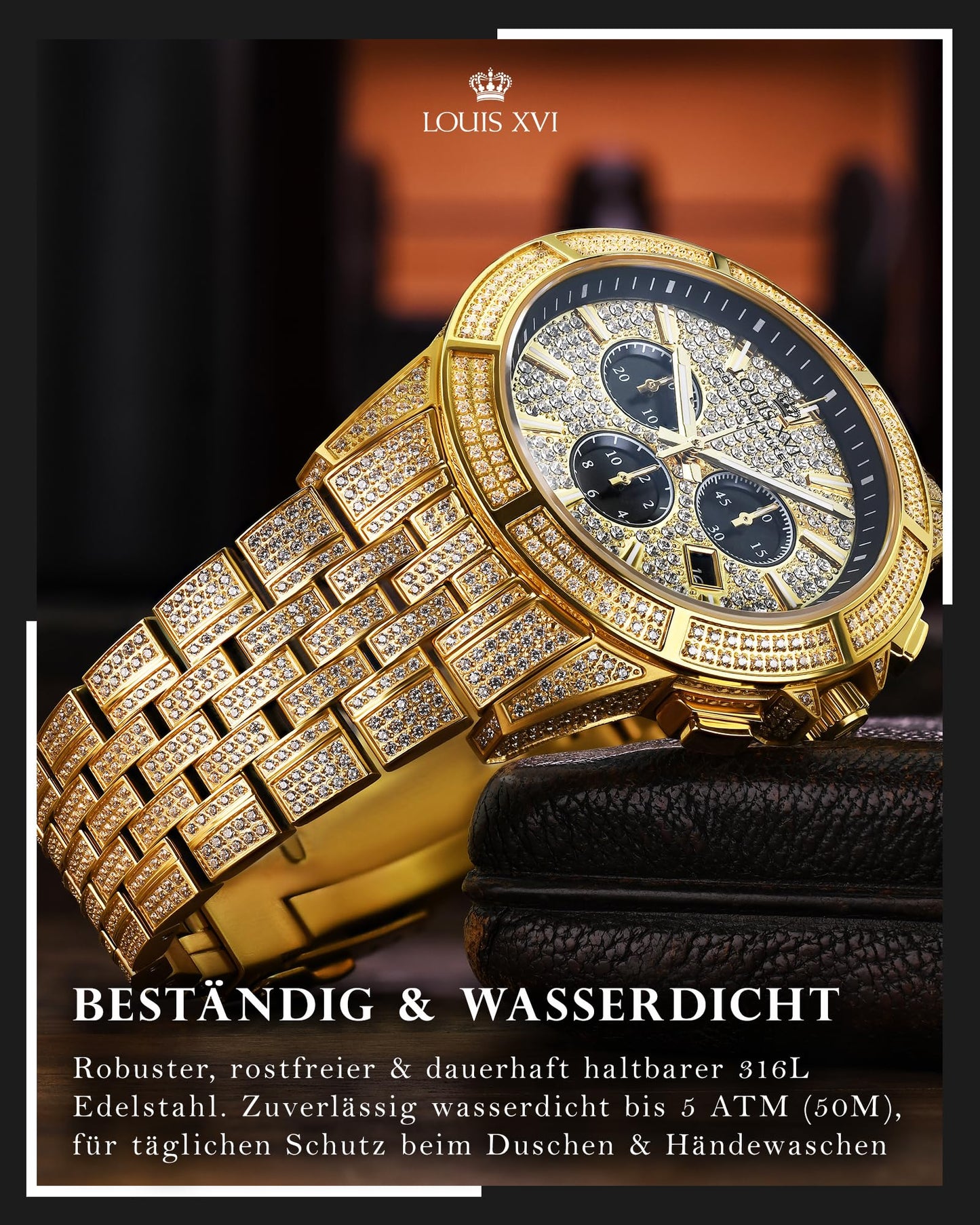 LOUIS XVI Majesté Full Iced Out Herrenuhr Chronograph 43 mm Schweizer Quarzwerk Edelstahl Armband Gold/Silber Iced Zifferblatt CZ-Diamanten