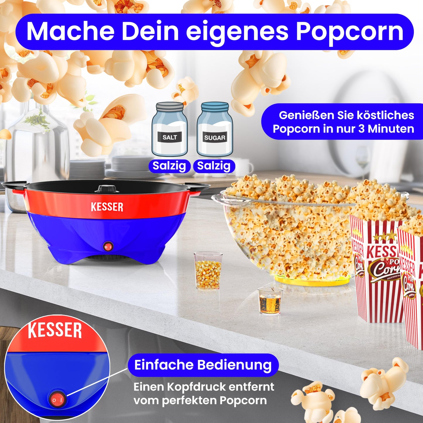 KESSER® Popcornmaschine Groß 800W | Popcorn-Maker 5,5l Inhalt mit Antihaftbeschichtung Deckel & Servierschale | für Öl Butter Zucker Stille & Schnelle inkl. abnehmbarer Heizfläche