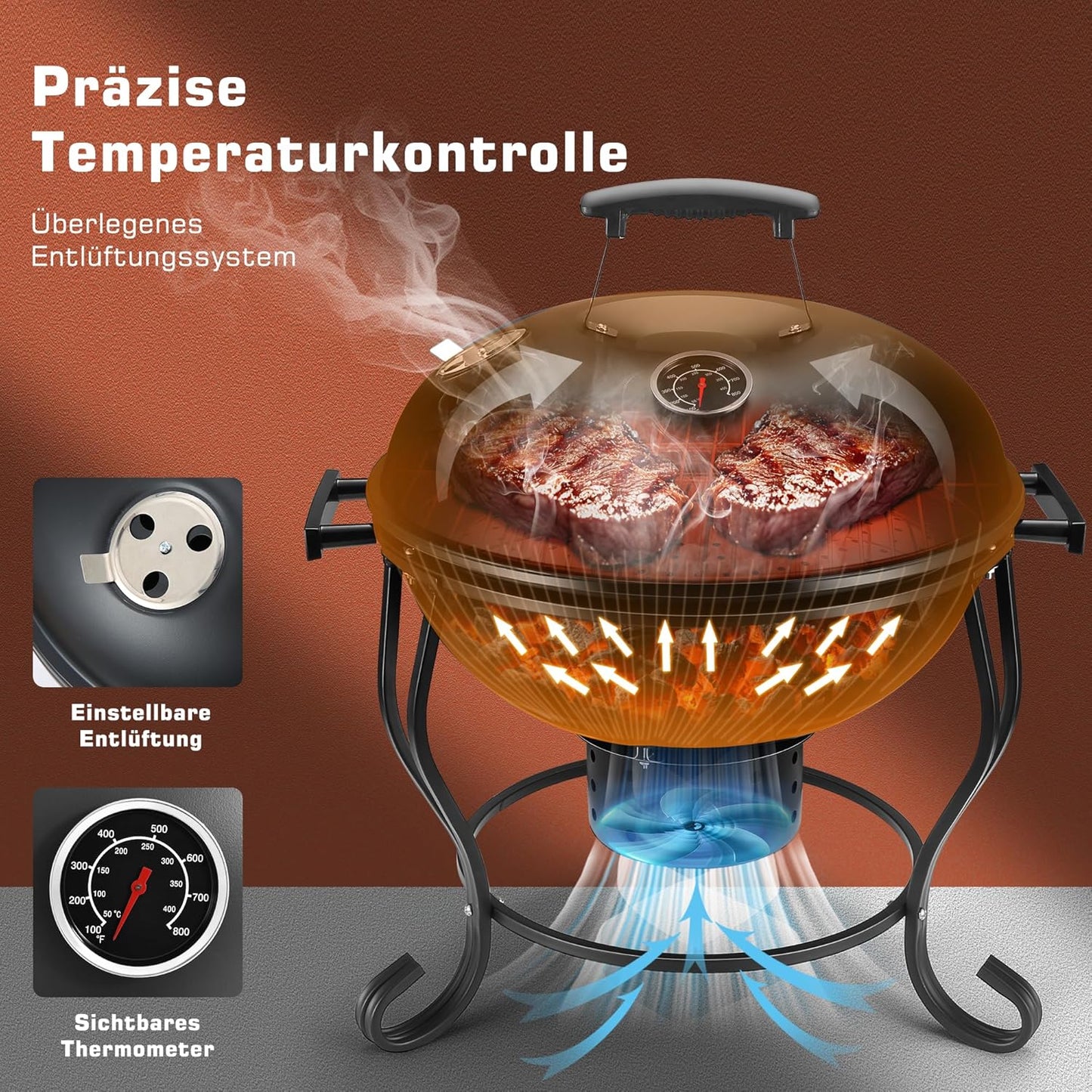TOKTOO Portable charcoal grill with adjustable fan, Ø 44cm BBQ grill with lid, grill grate and thermometer, charcoal grill for barbecue camping, terrace, garden, charcoal grill