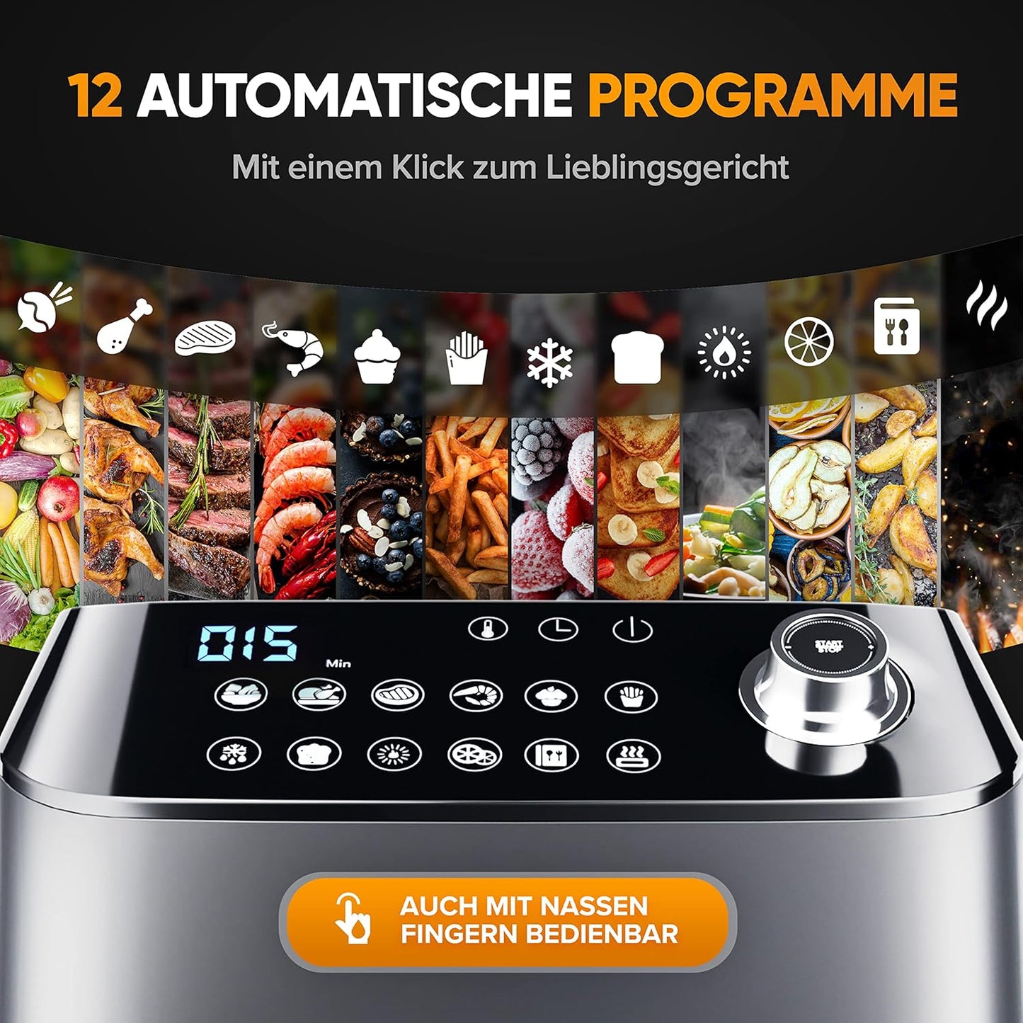 Dripl Heißluftfritteuse 5,7L, XXL Fritteuse mit LCD Touchscreen, AirFryer mit 12 Programmen, Kompakte Heissluftfriteuse mit Digitalem Display, Energieeinsparung, Vorheizen & Warmhalten, ohne Öl