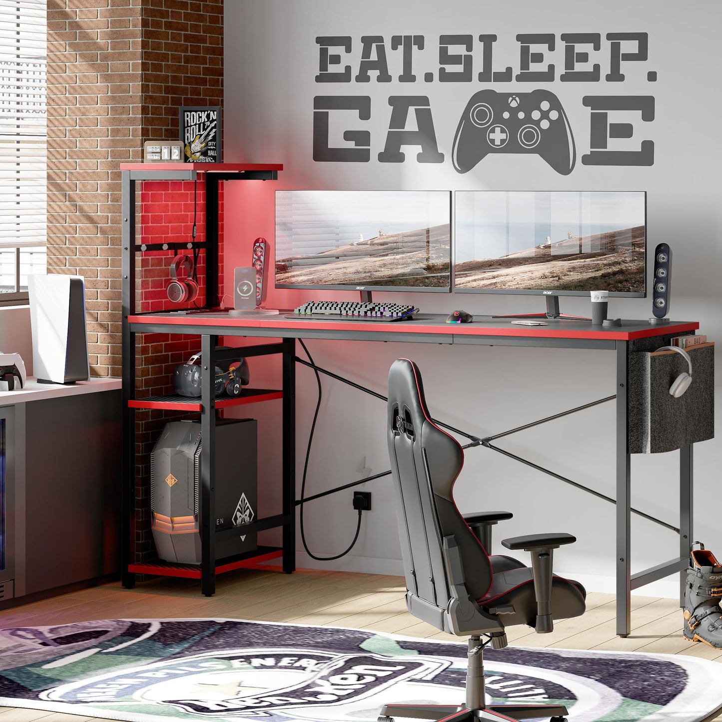 Bestier 113CM Eck-Computertisch mit Steckdosen Computertisch mit LED-Leuchten Umkehrbarer Schreibtisch mit Seitentasche Aufbewahrungstasche & Zubehöraufhänger für Home Office Small Space Weiß