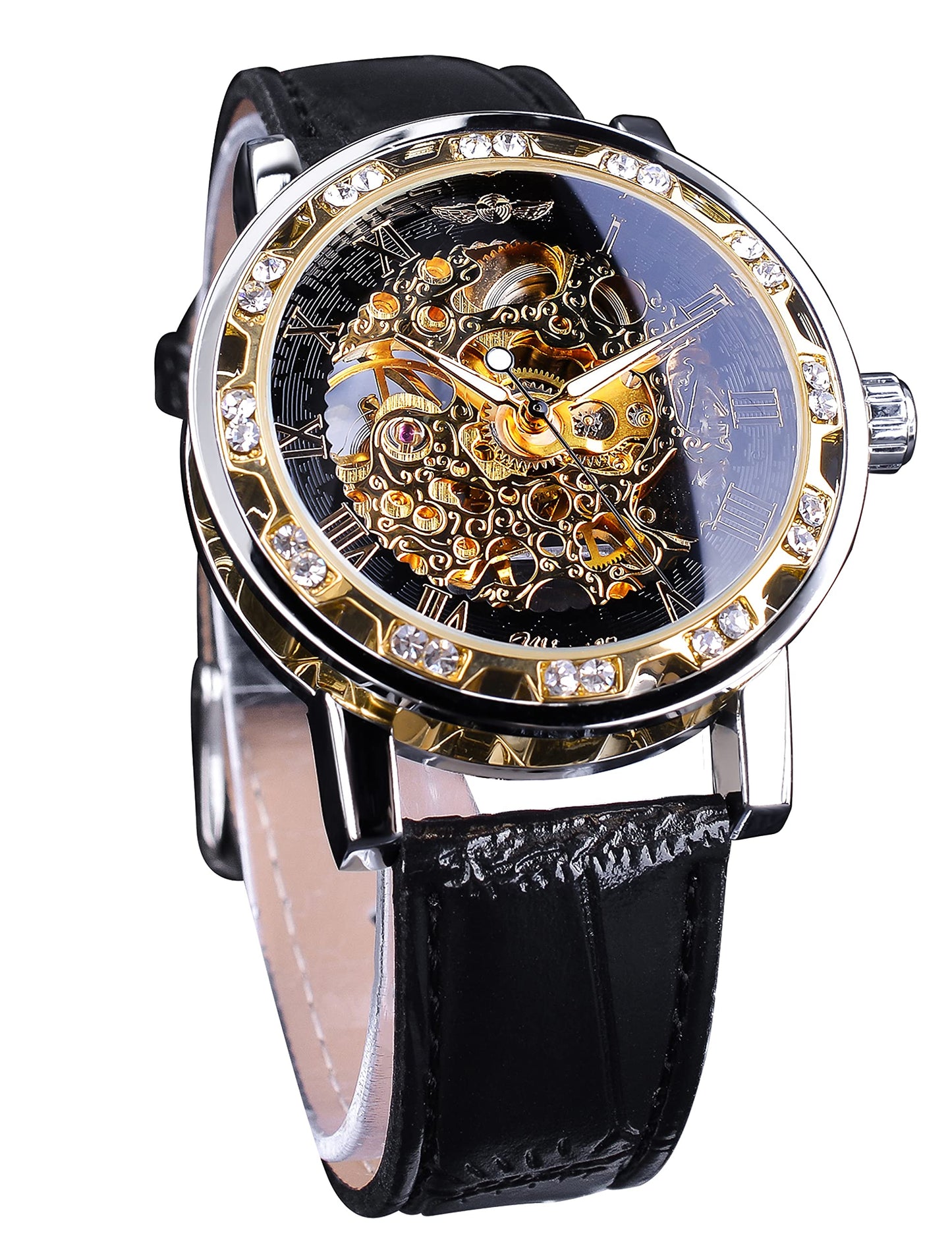 FORSINING Gewinner Retro Manuelle mechanische Skelett Uhr mit Diamantschnitzen Blume Handwerk Männer Armbanduhr Klassische römische Zahl, Schwarze Goldfarbe
