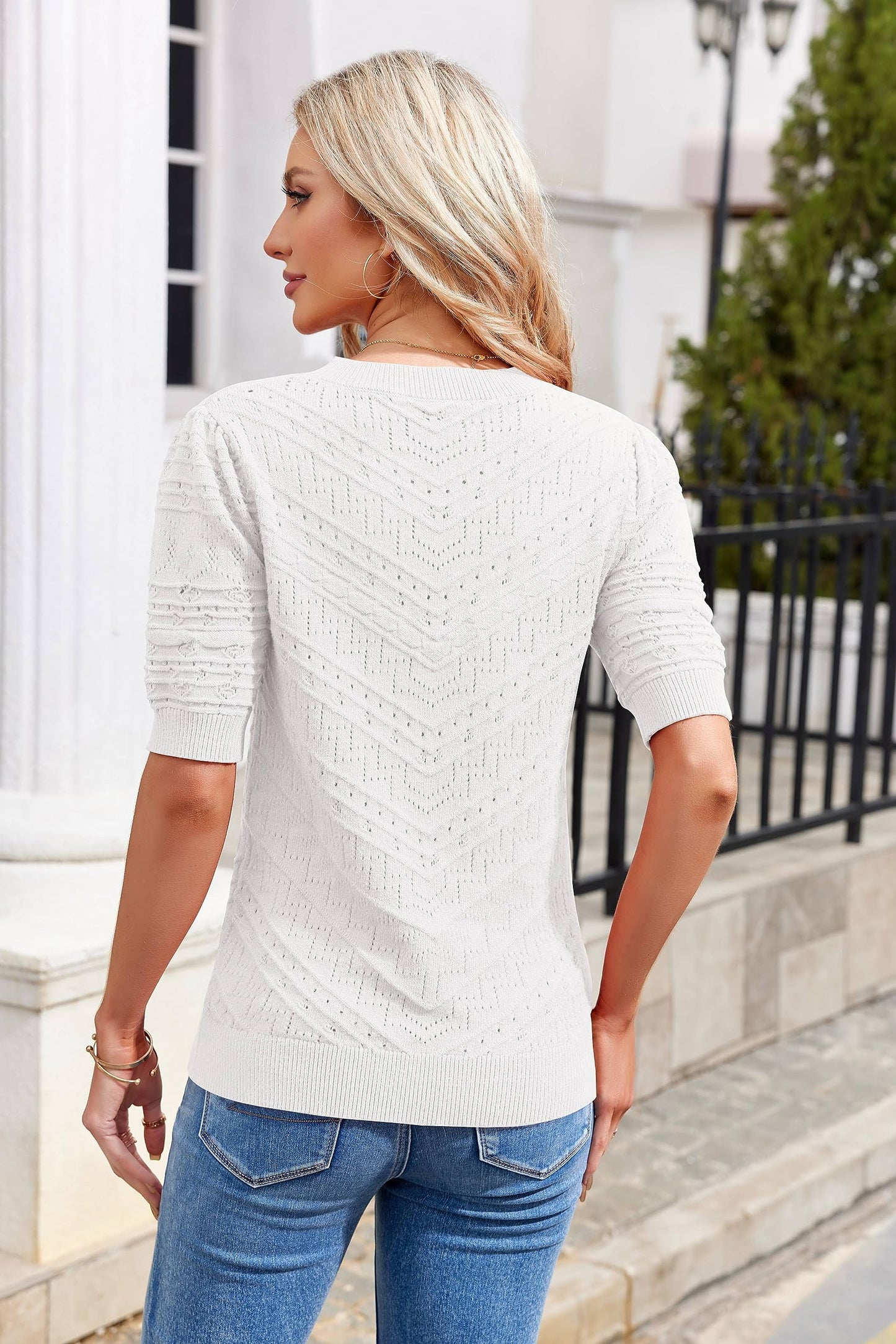 Women's Short Sleeve Knit Sweater – Casual Round Neck Puff Sleeve Pullover