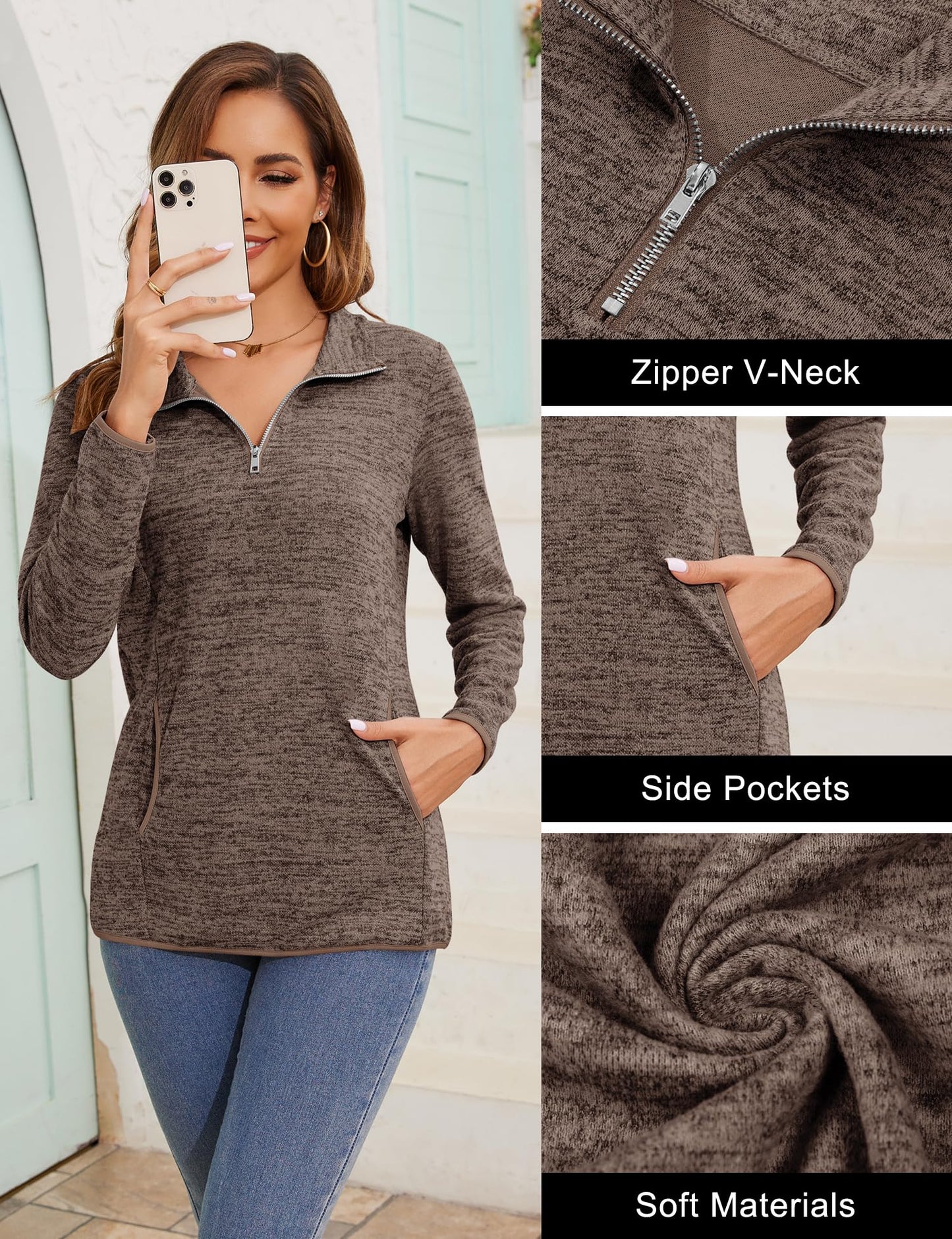 iWoo Women’s 1/4 Zip Pullover Sweatshirt – Casual Long Sleeve Top