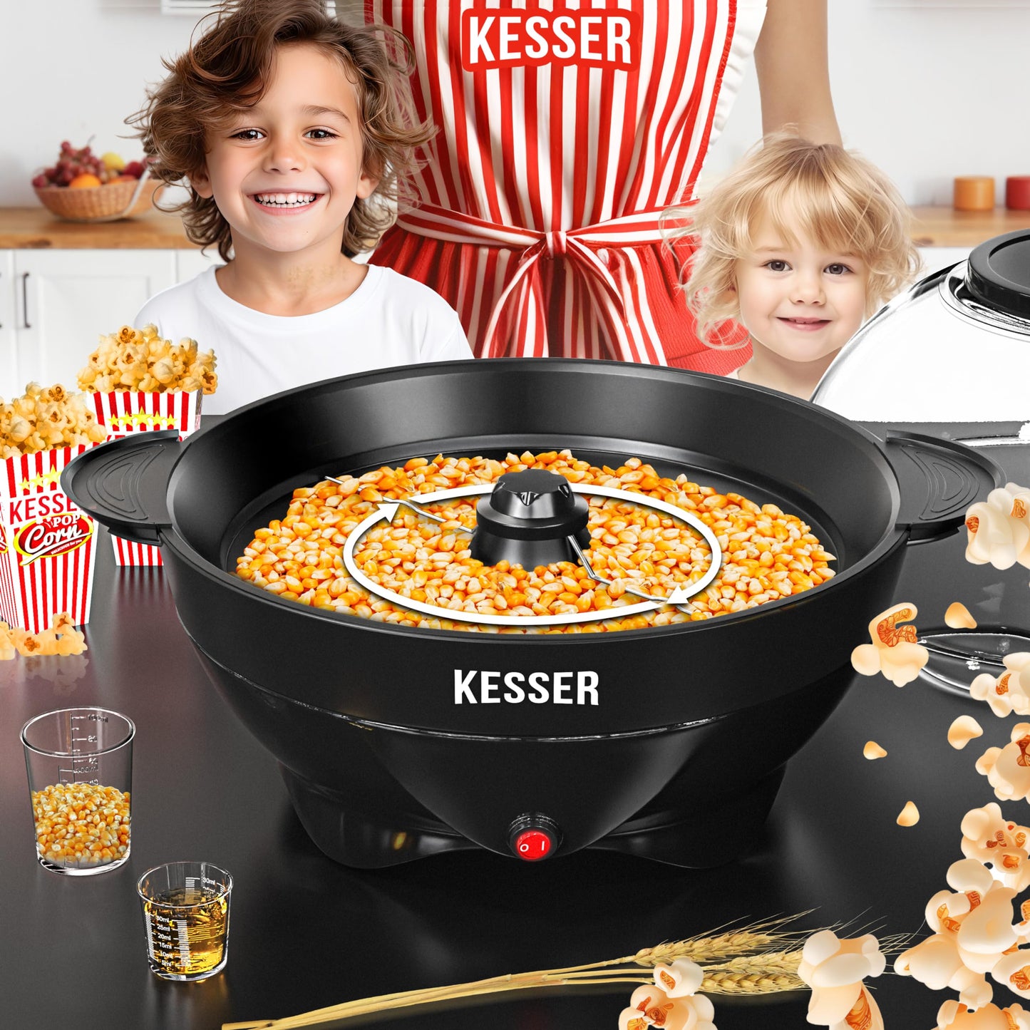 KESSER® Popcornmaschine Groß 800W | Popcorn-Maker 5,5l Inhalt mit Antihaftbeschichtung Deckel & Servierschale | für Öl Butter Zucker Stille & Schnelle inkl. abnehmbarer Heizfläche