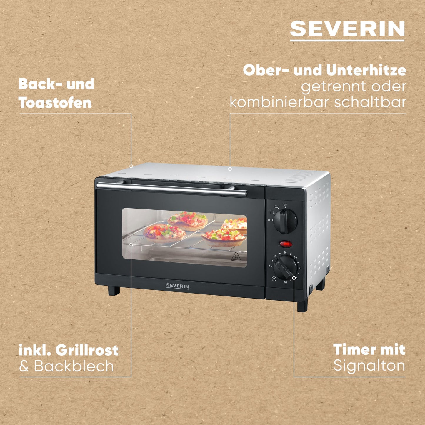 SEVERIN Mini Back- und Toastofen, kompakter Backofen inkl. Grillrost und Backblech, mit Ober- und Unterhitze, 800W, 9 L, silber /schwarz, TO 2052